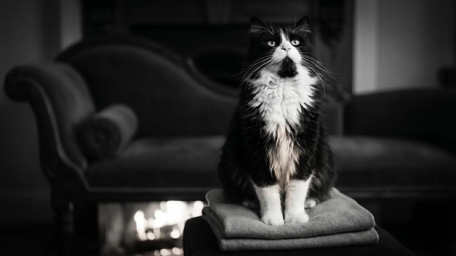 Tuxedo cat sitting on folded towels in front of a glowing fireplace