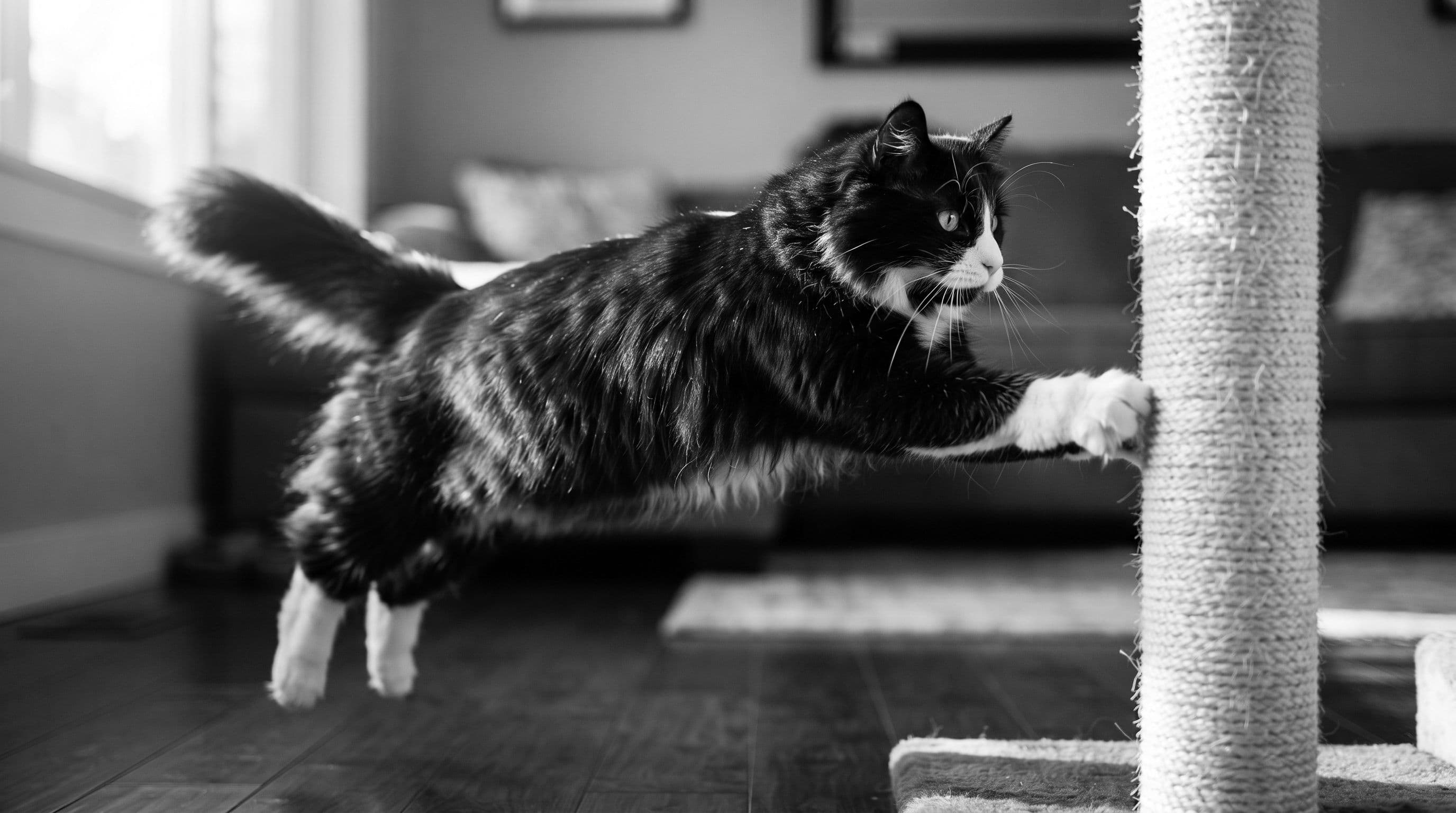 Muscular tuxedo cat with white socked paws leaping toward a heavy sisal-rope-wrapped cat tree post above a hardwood floor