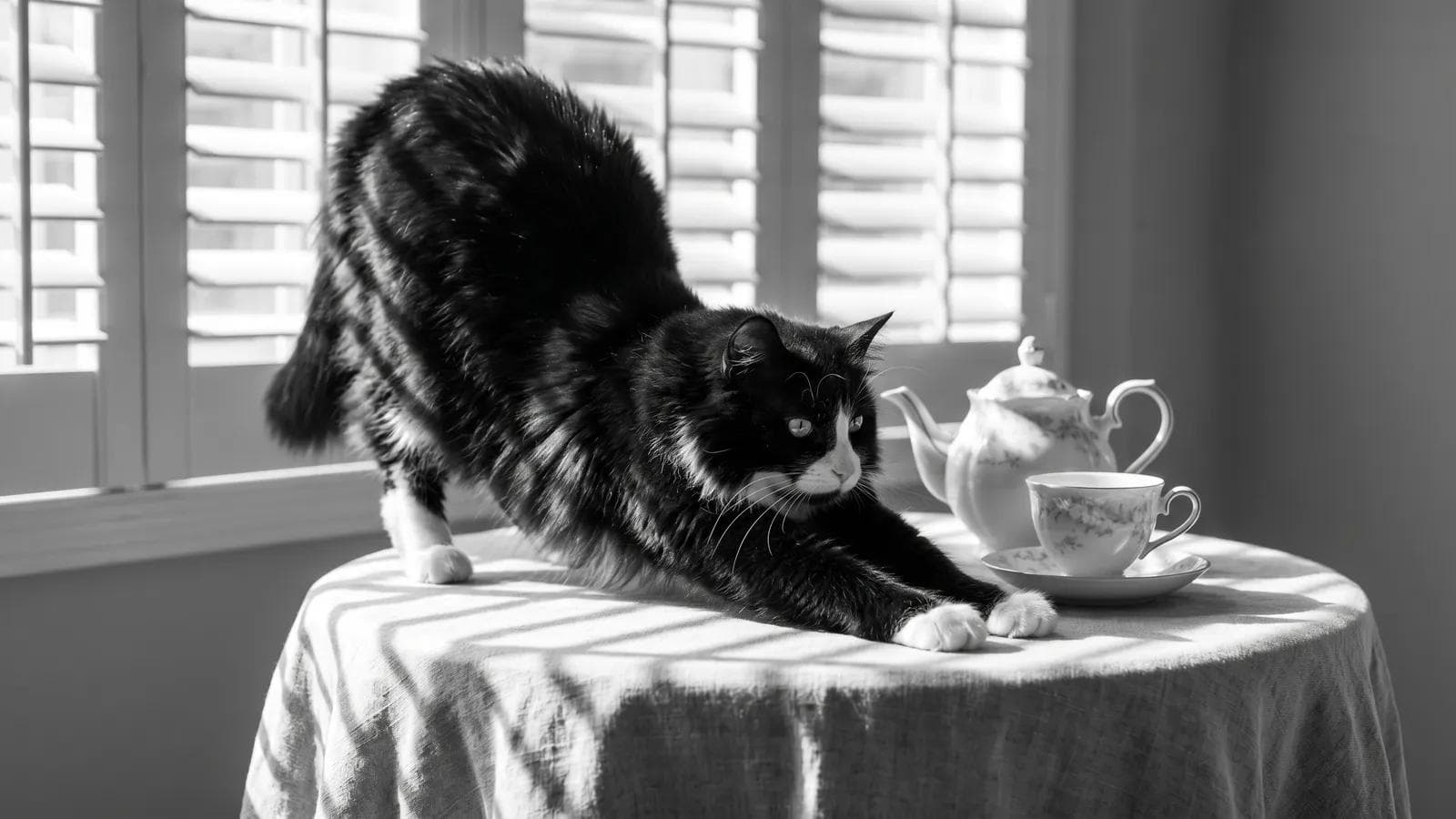 Tuxedo cat stretching on a table beside a teapot and teacup