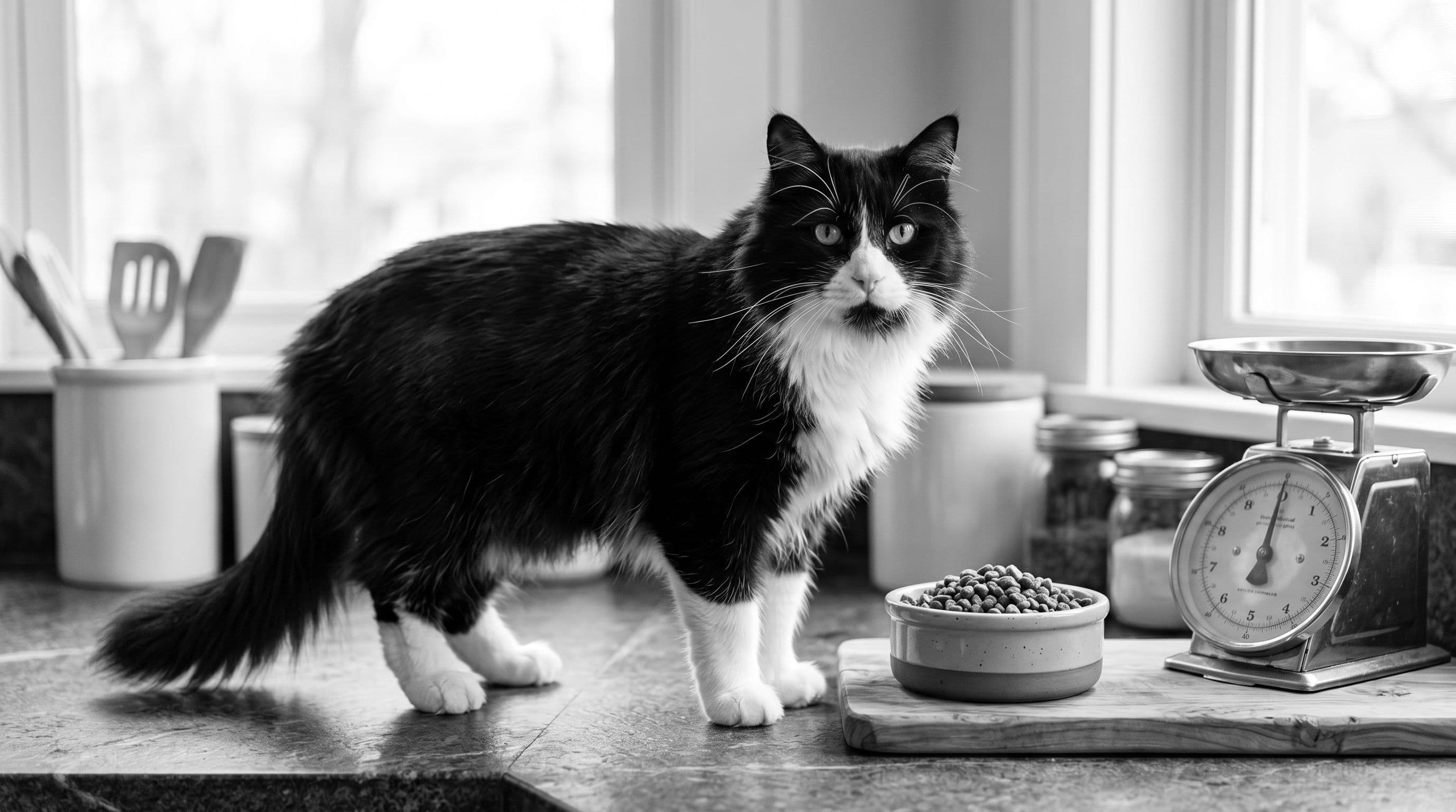 Vino the tuxedo cat standing next to a portioned food bowl and a kitchen scale in warm morning light.