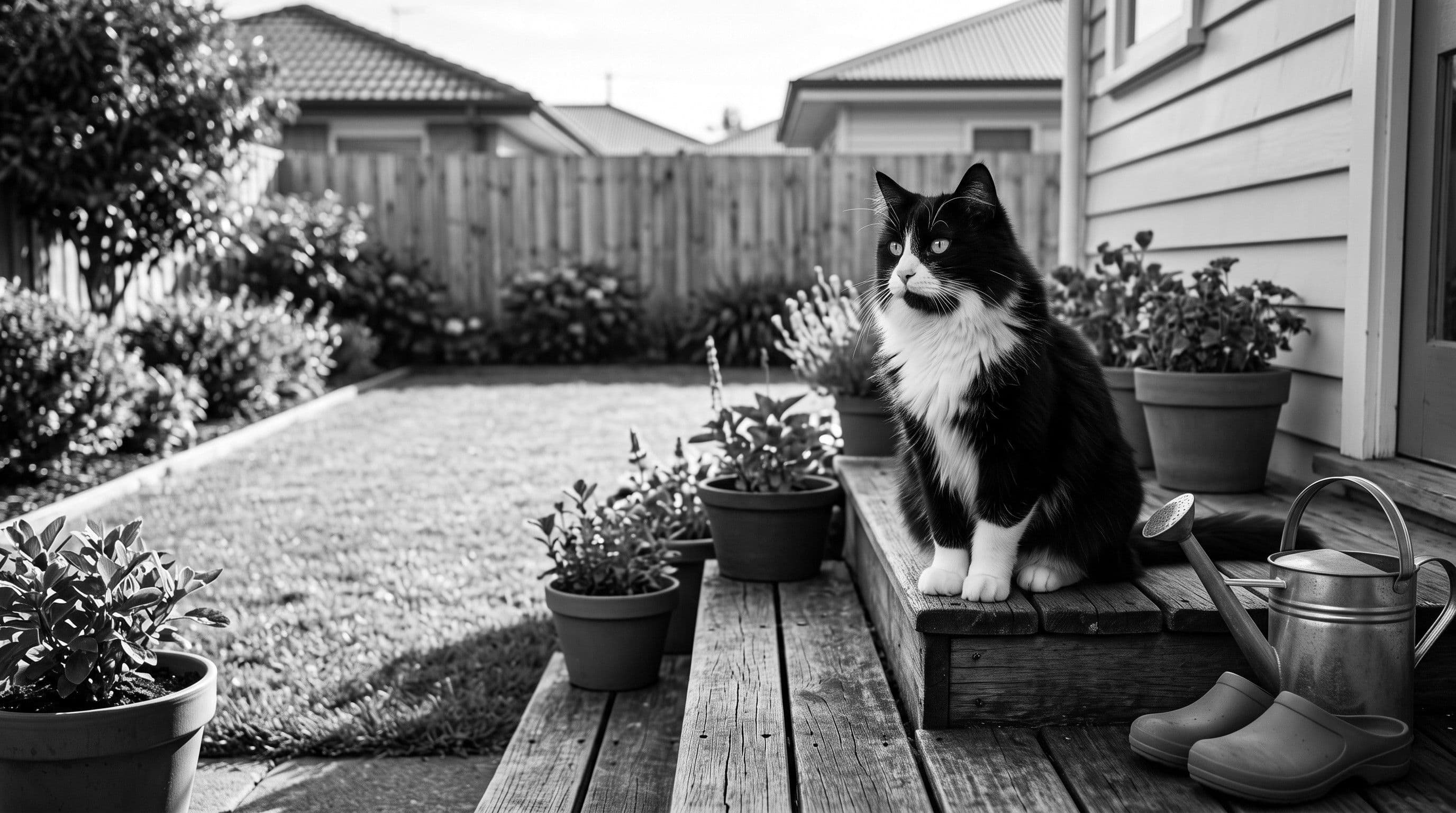 A tuxedo cat sitting on a wooden back step, calmly watching across the garden toward the fence