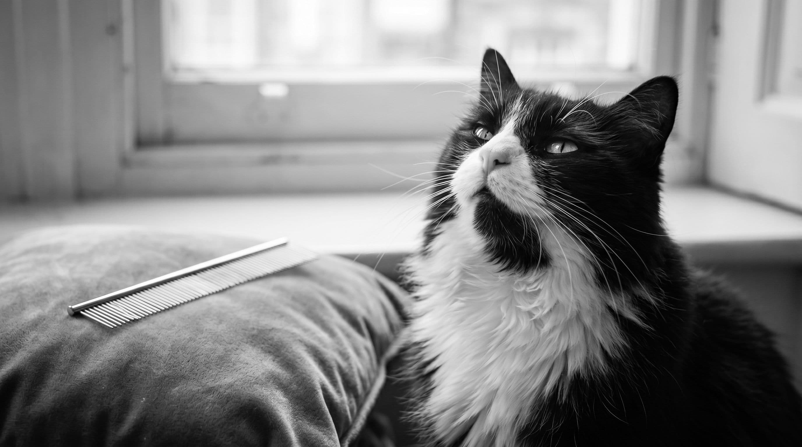 Tuxedo cat tilting his chin up with a blissful expression, a grooming comb sitting on the cushion next to him