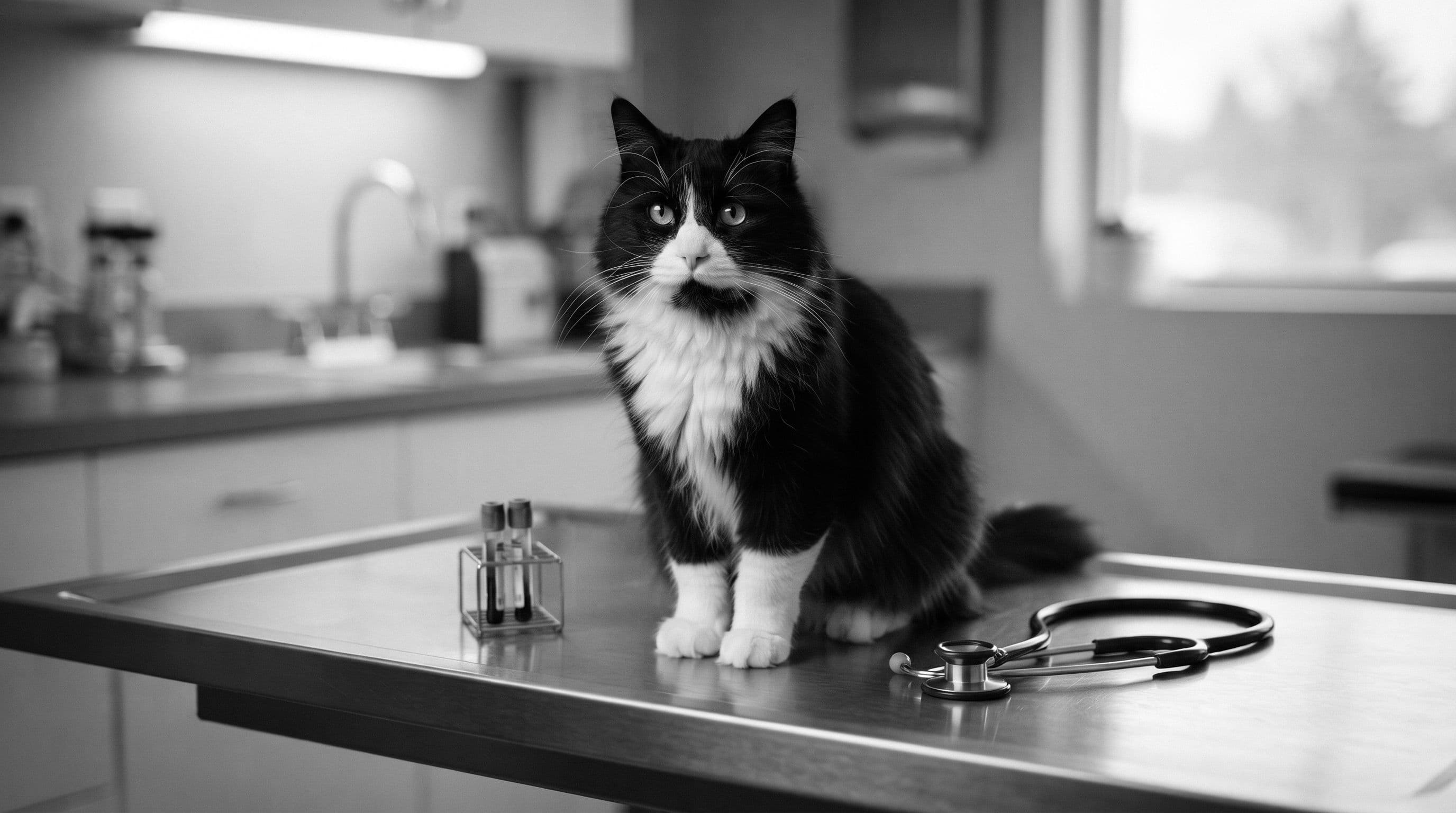 Black-and-white tuxedo cat sitting on a veterinary examination table with medical instruments nearby