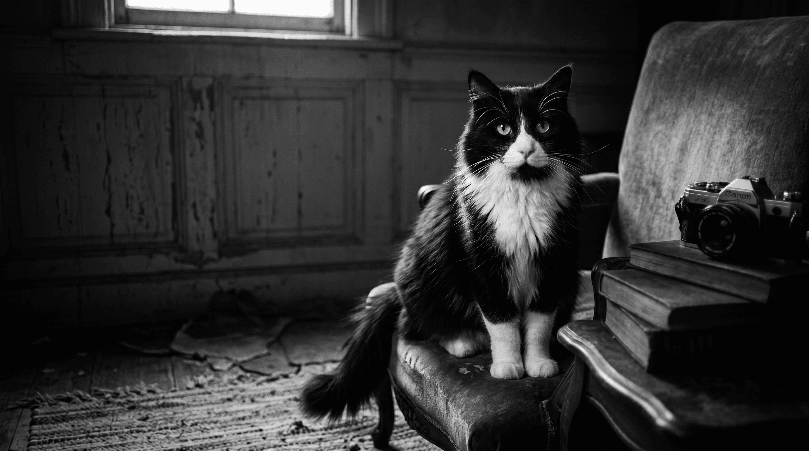 Tuxedo cat sitting on a chair beside a vintage camera and stacked books in a weathered room