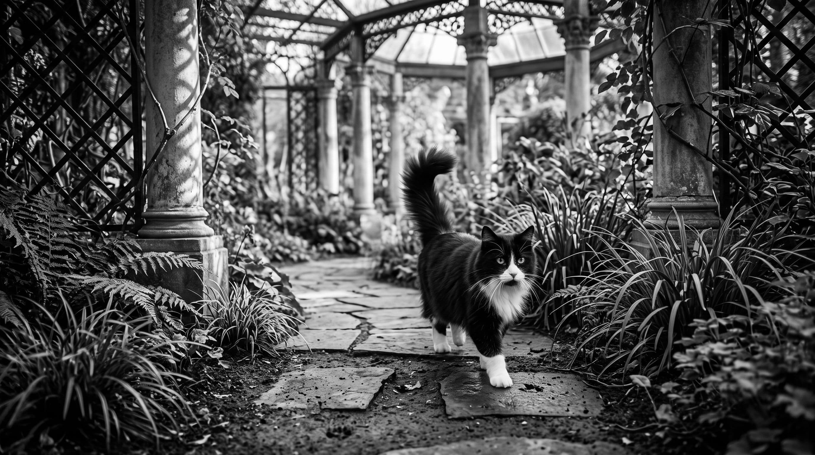 Black-and-white tuxedo cat striding purposefully along a garden path with tail raised high, surrounded by green foliage