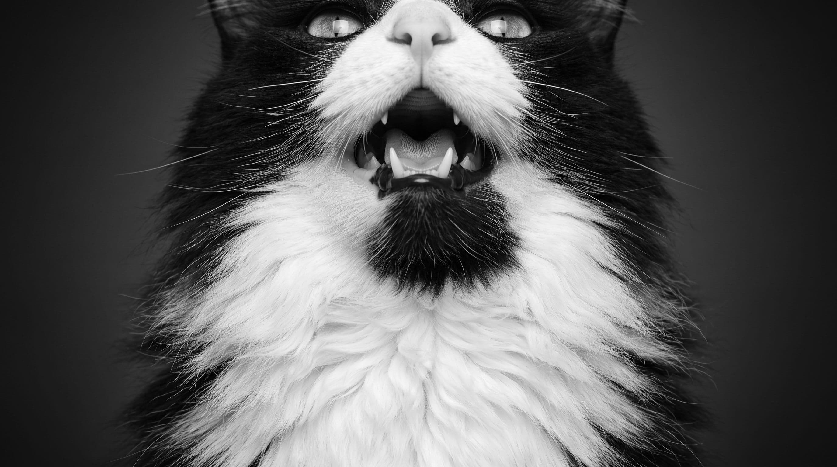 Close-up portrait of a tuxedo cat with black chin and white bib, mouth barely open, photographed from a low angle in even studio lighting