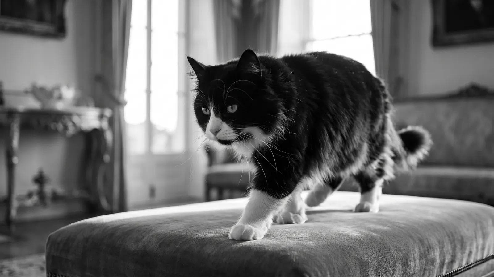 Tuxedo cat walking across a velvet ottoman in an elegantly furnished parlor
