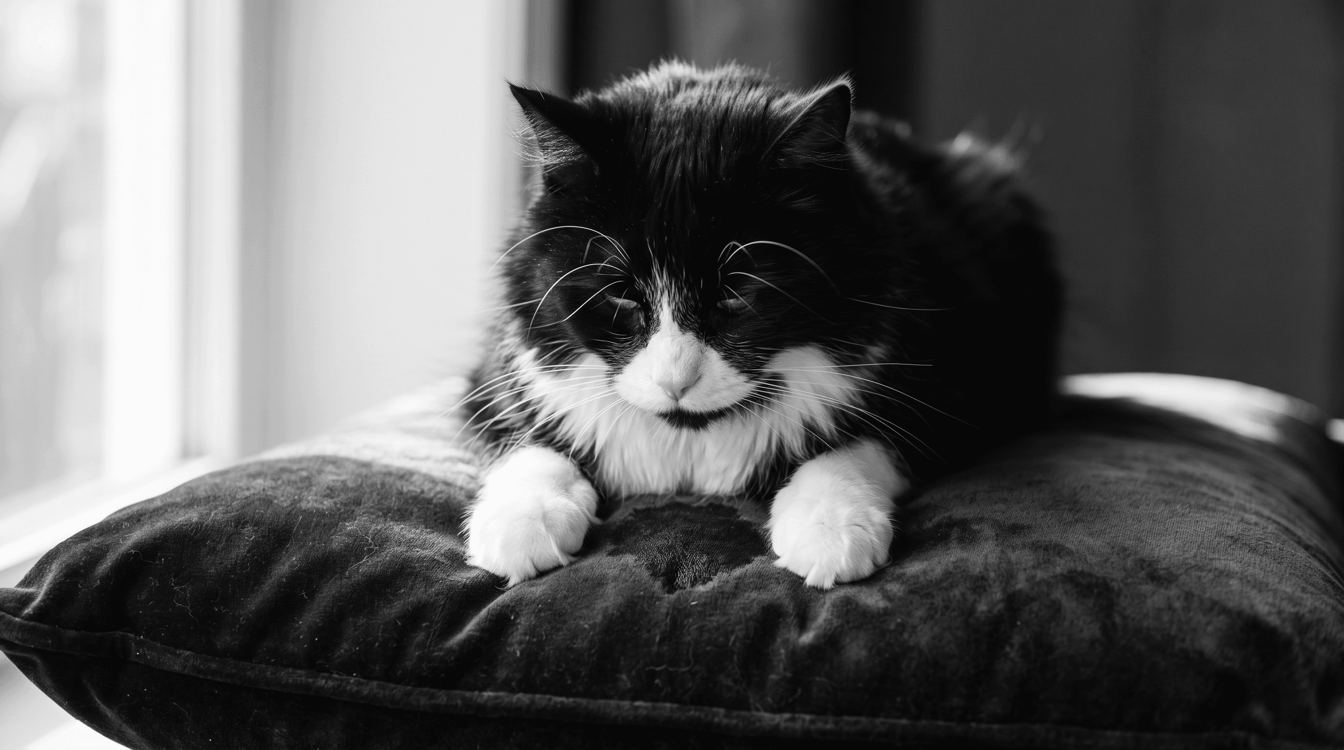 A tuxedo cat kneads velvet fabric with white paws, a damp spot visible where his chin rests