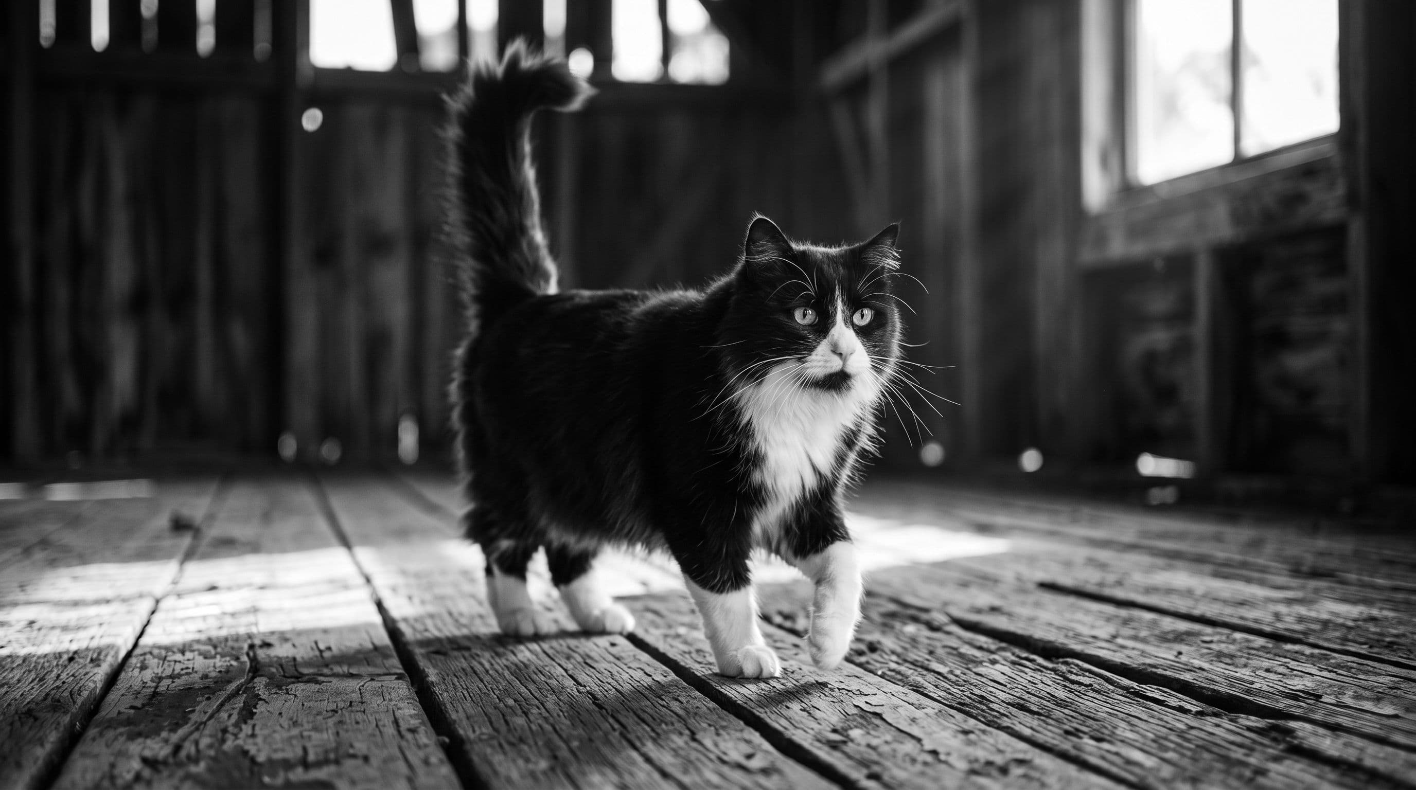 A tuxedo cat walks across wooden floorboards in barn light, one white paw lifted mid-step, tail held upright