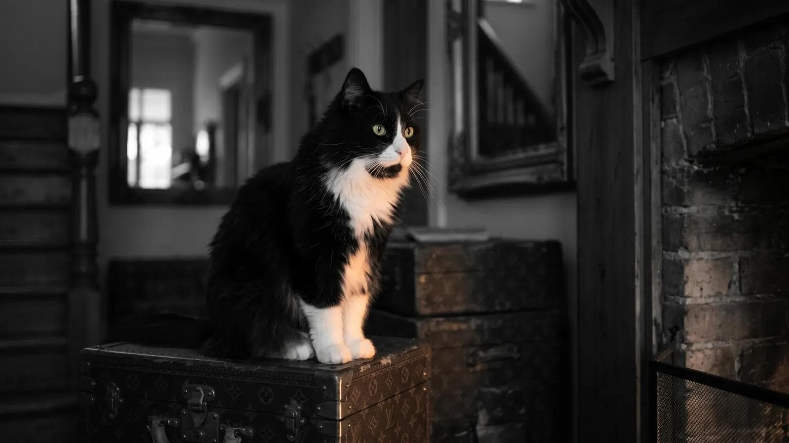 Tuxedo cat sitting atop a stack of vintage trunks in a dimly lit entryway with a mirror
