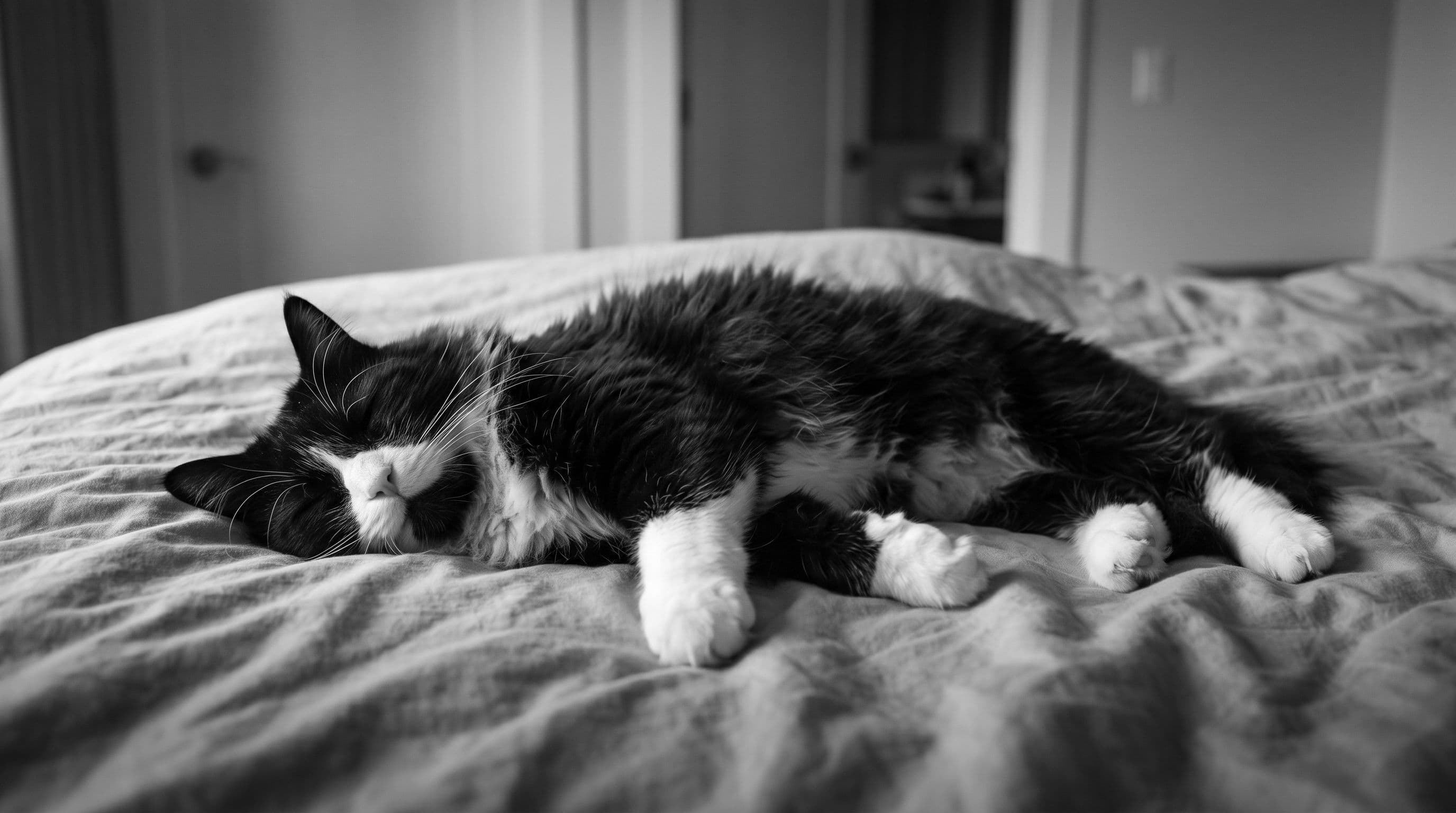 Black-and-white tuxedo cat lying on his side on a rumpled duvet looking completely relaxed in warm bedroom light