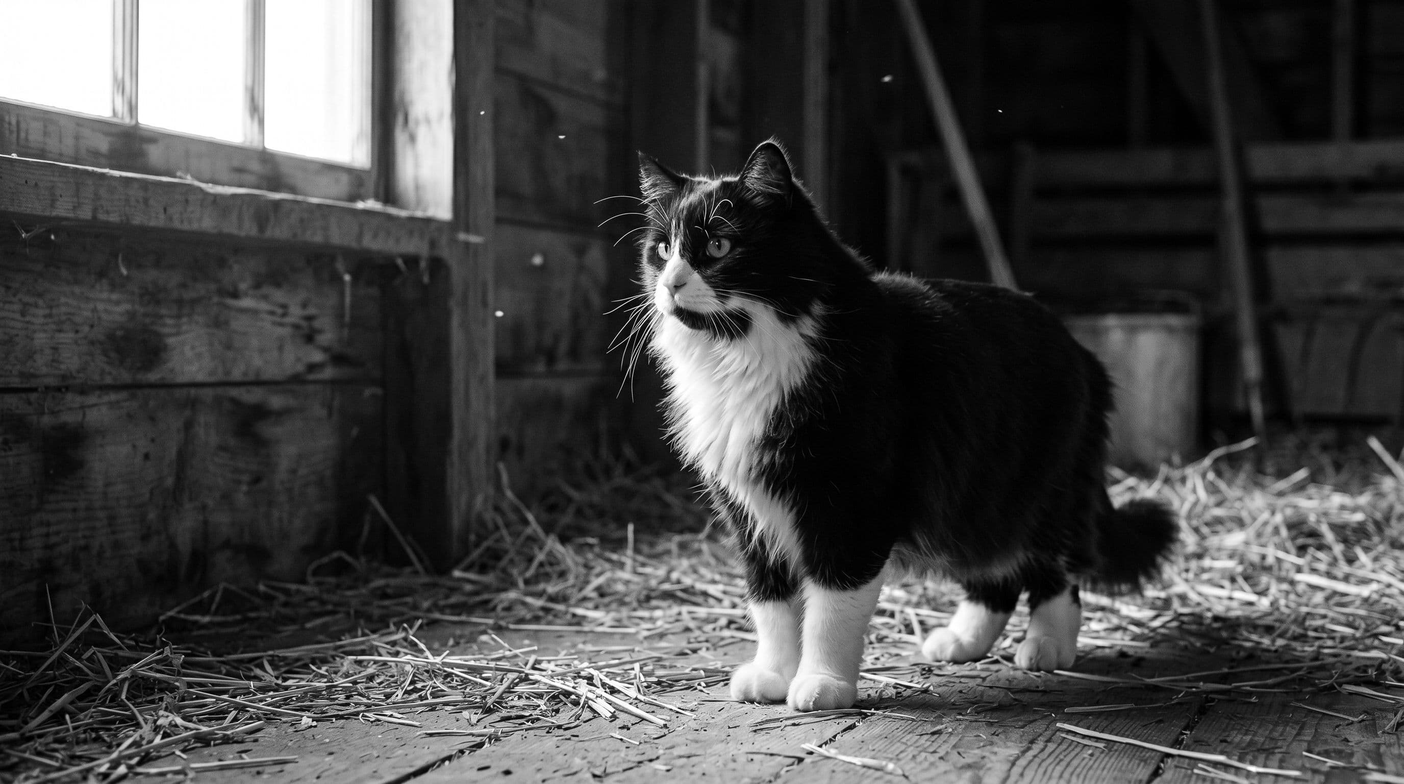 Tuxedo cat standing attentively inside a rustic barn at twilight with warm light filtering through wooden slats