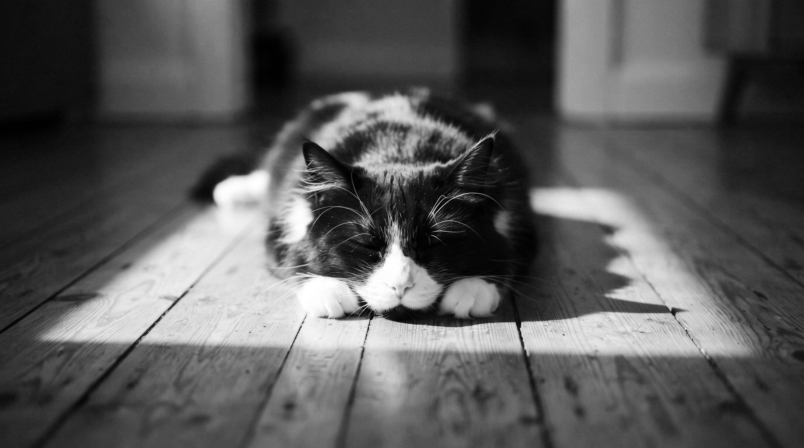 Black-and-white tuxedo cat laying with his face resting on his paws in a square patch of sun light on wooden floors