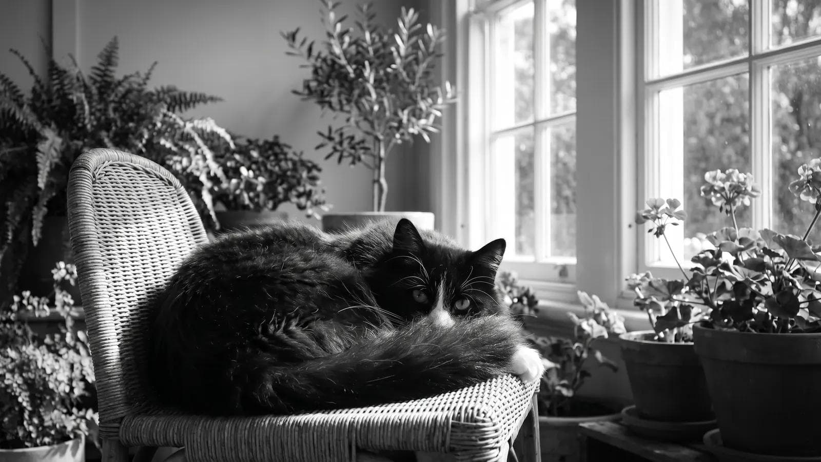 Tuxedo cat curled up on a wicker chair surrounded by potted ferns