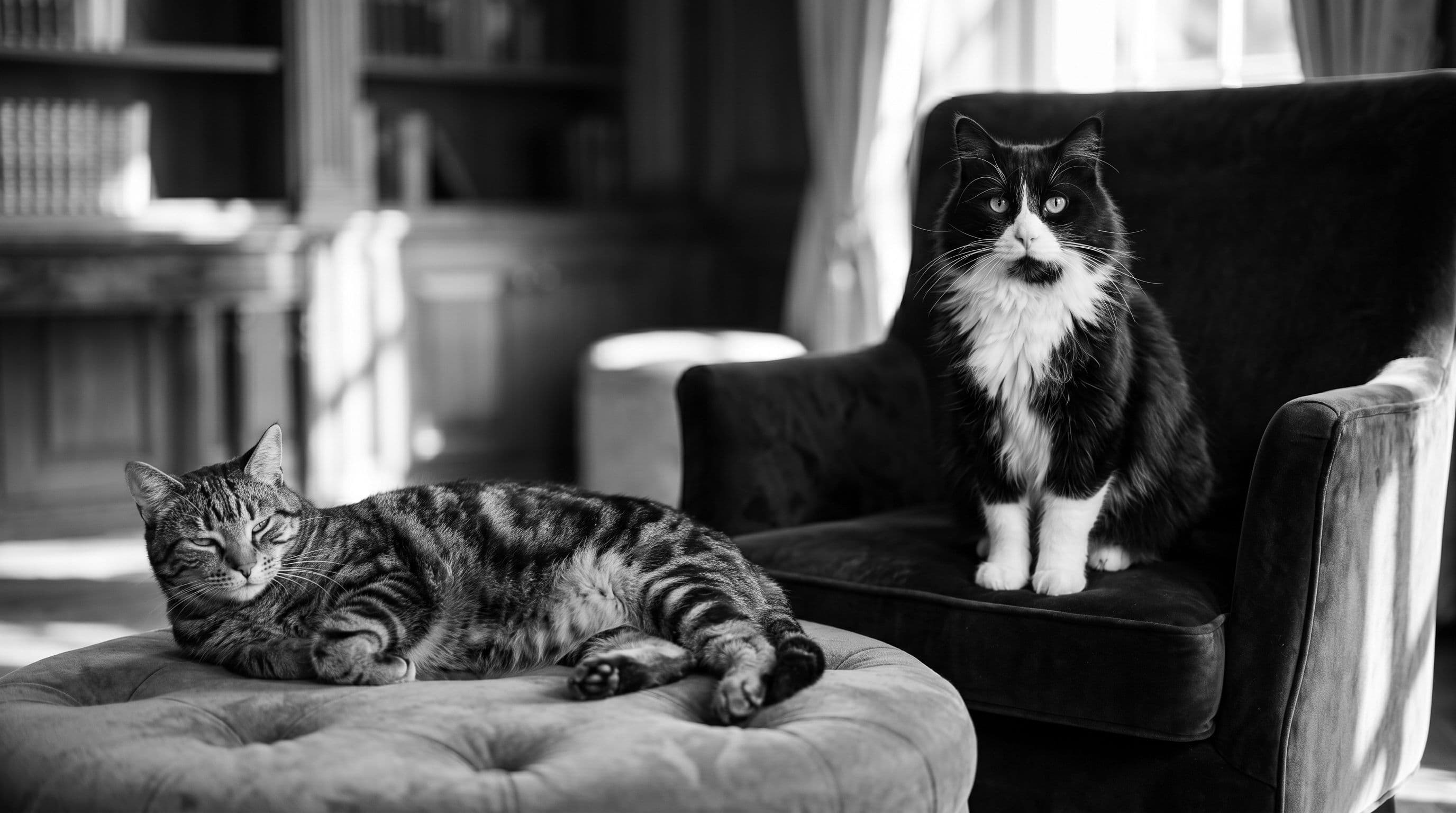 A tuxedo cat sitting upright on a dark velvet armchair next to a relaxed brown tabby draped over an ottoman in a cozy room.