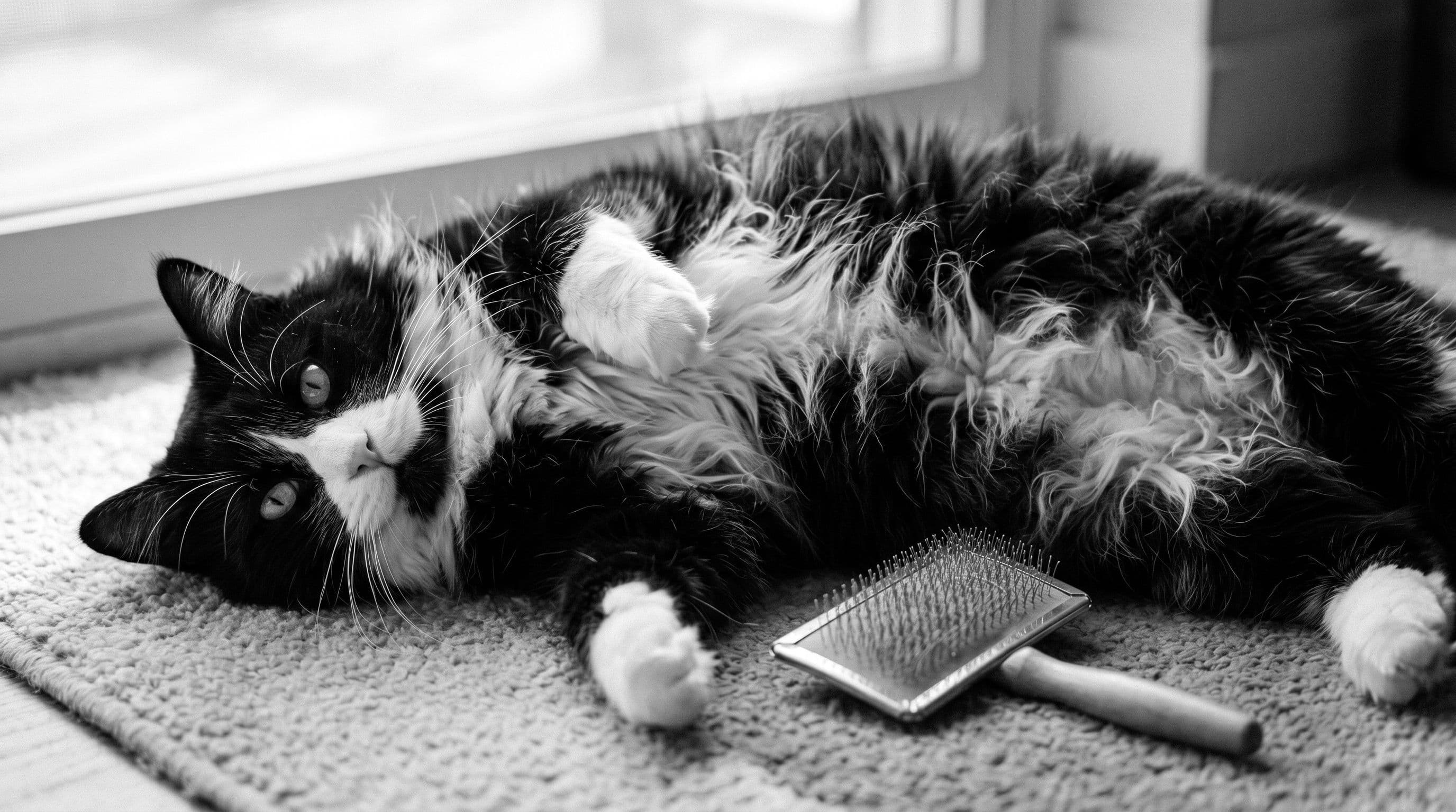 Tuxedo cat with medium-long fur lying on his side next to a slicker brush, showing his longer belly and leg fur