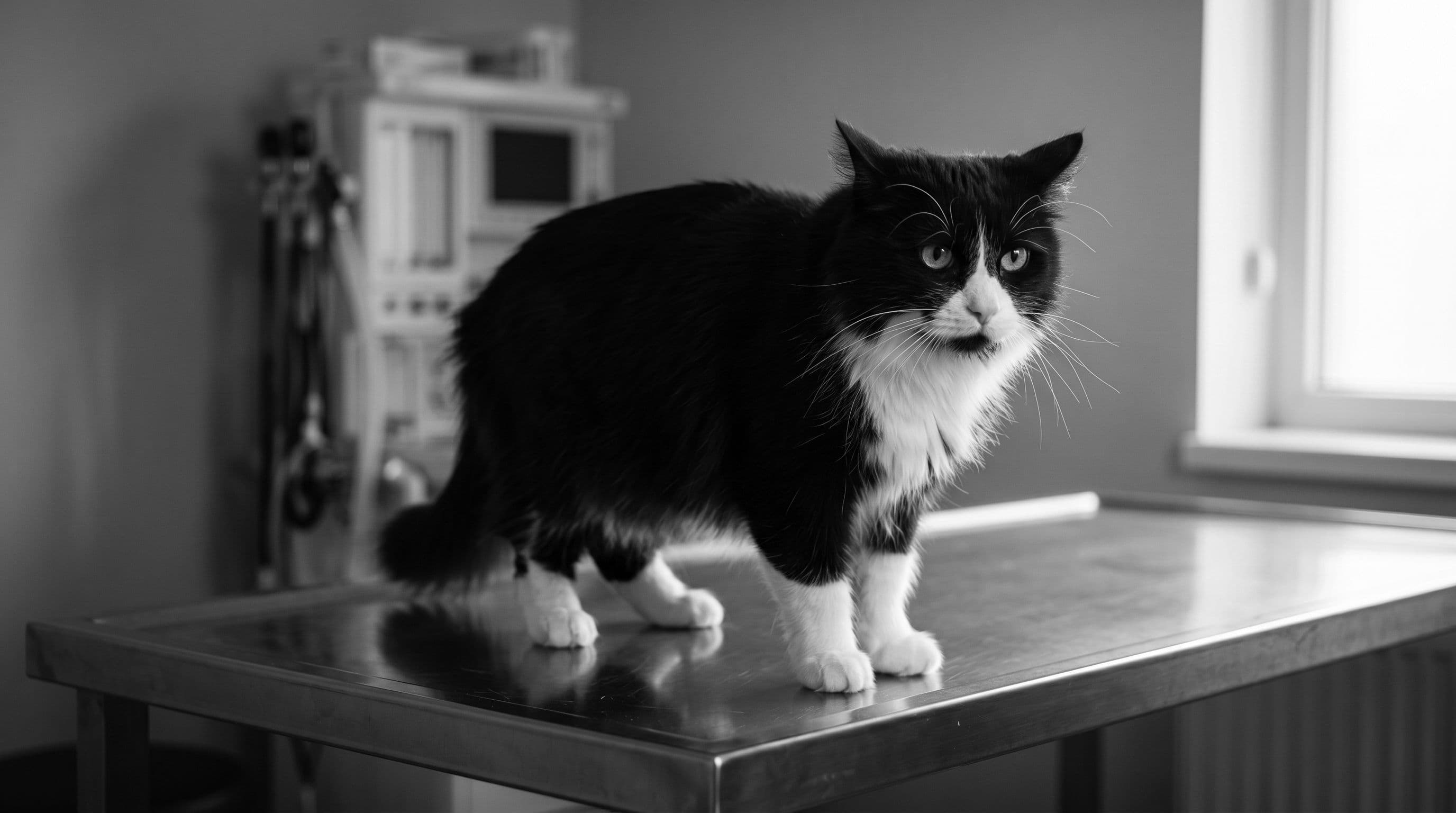 Tuxedo cat with white chest bib and socked paws sitting warily on a stainless steel veterinary exam table