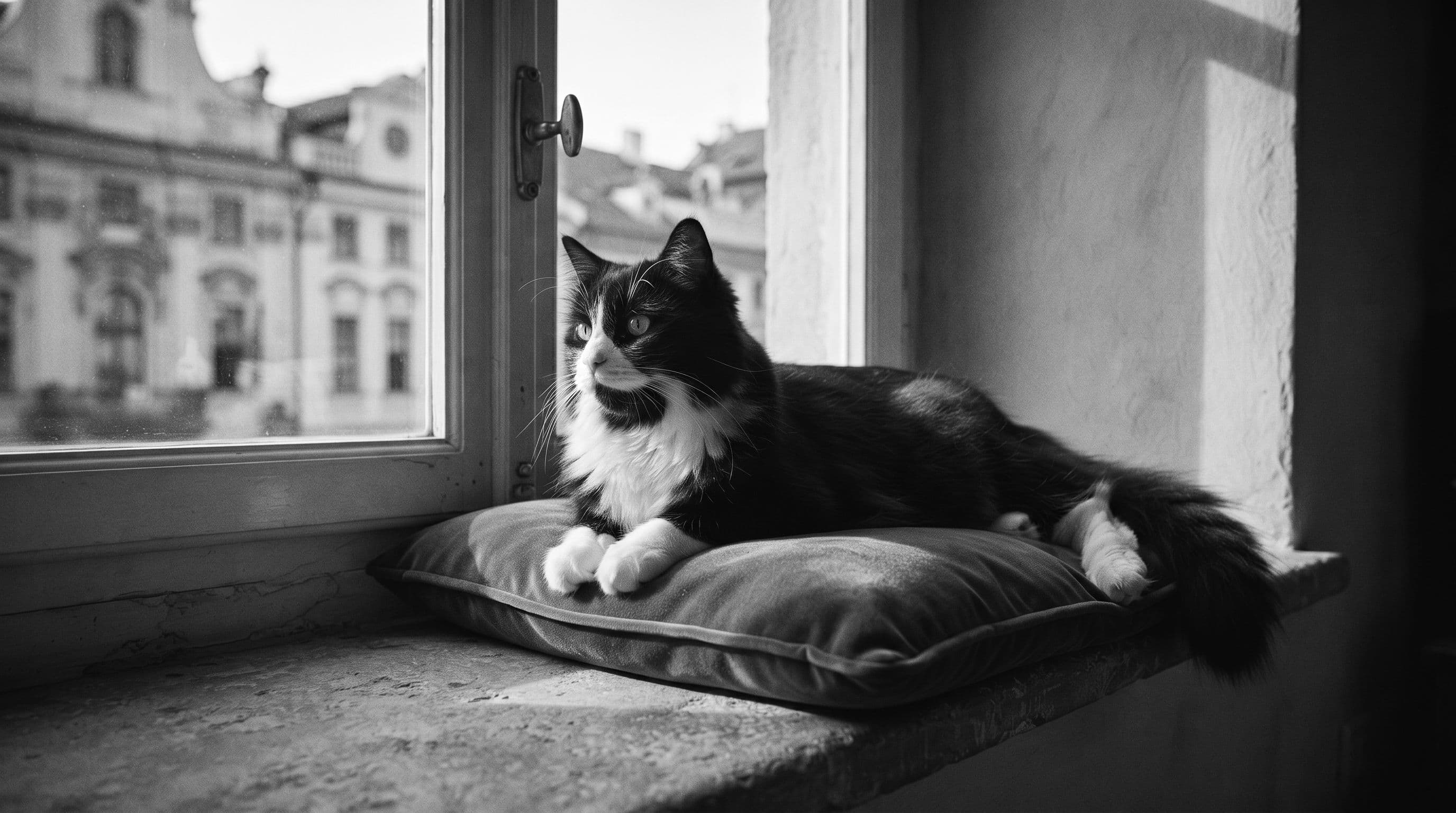 Tuxedo cat with white chest bib resting on a comfortable cushion on a broad windowsill, bathed in warm afternoon sunlight, ears perked forward