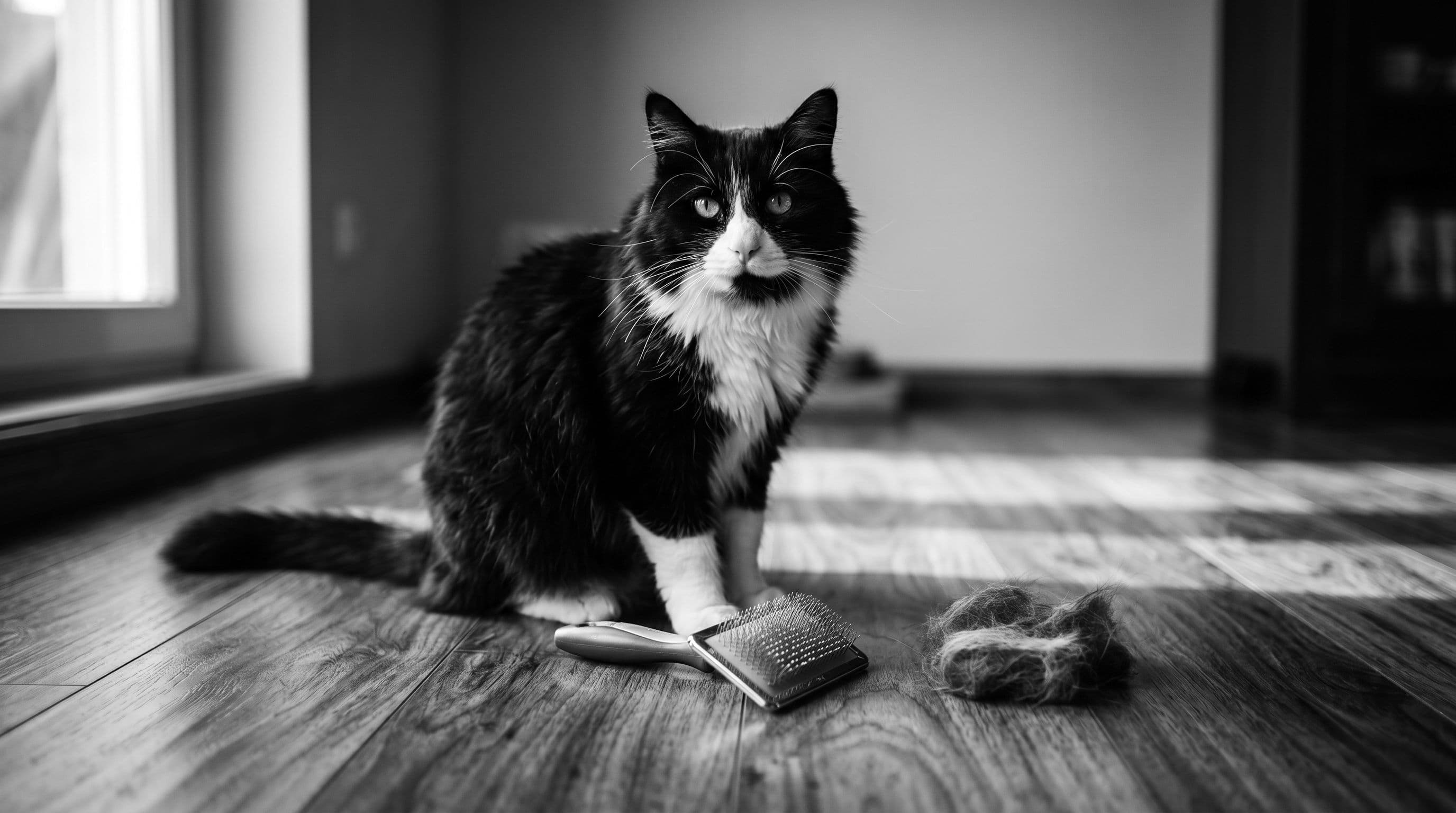 Vino the tuxedo cat sitting on a wooden floor next to a slicker brush and a large clump of shed fur in warm indoor lighting