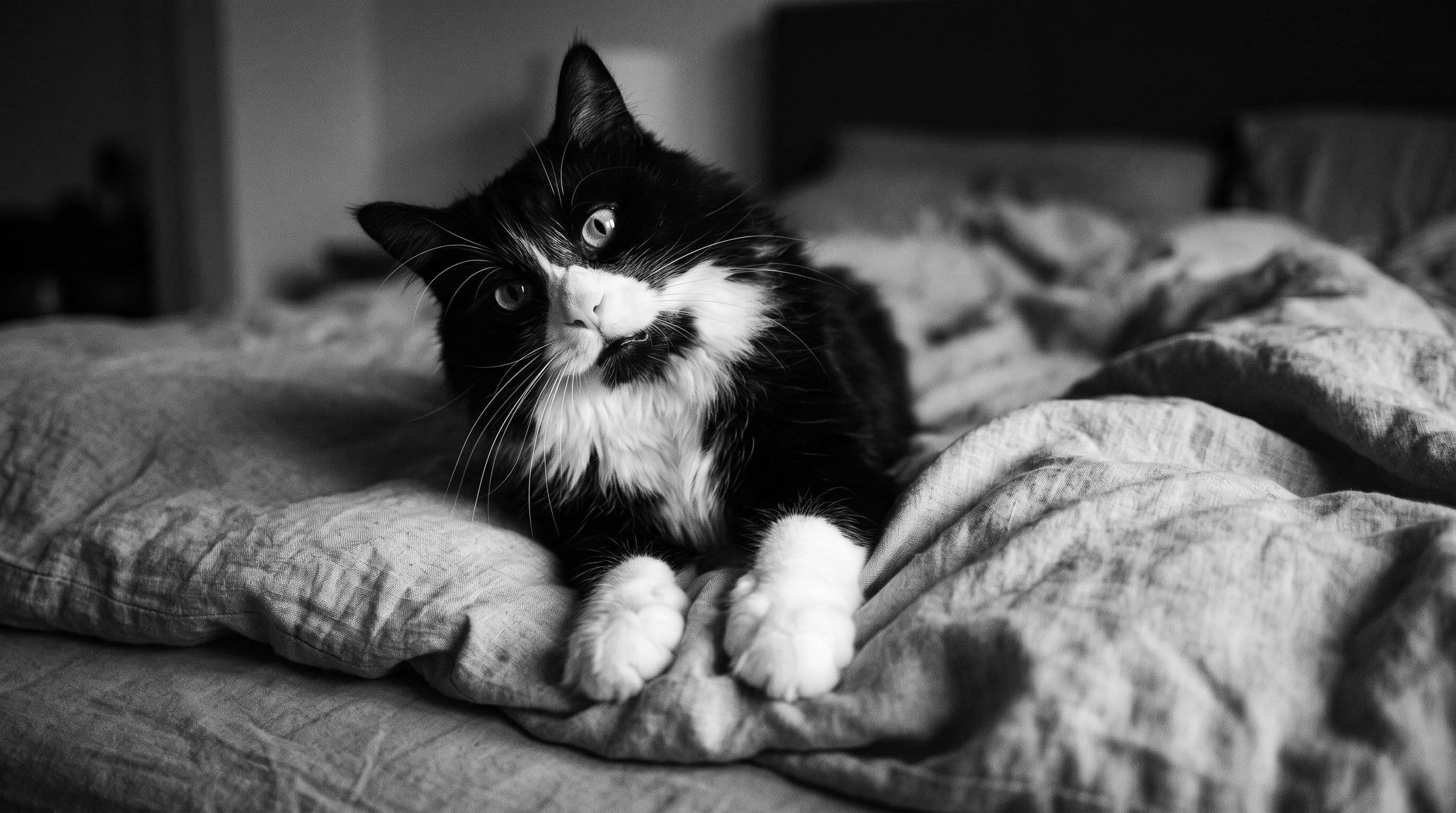 Tuxedo cat kneading intensely on bunched bedding with dilated pupils and mouth slightly open, dramatic side lighting