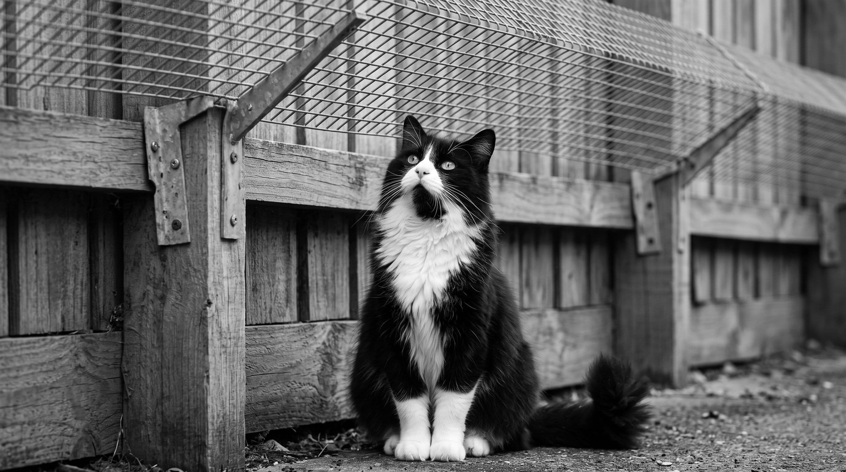 Tuxedo cat gazing up at a 45-degree angled mesh cat-proof fence overhang installed on timber palings