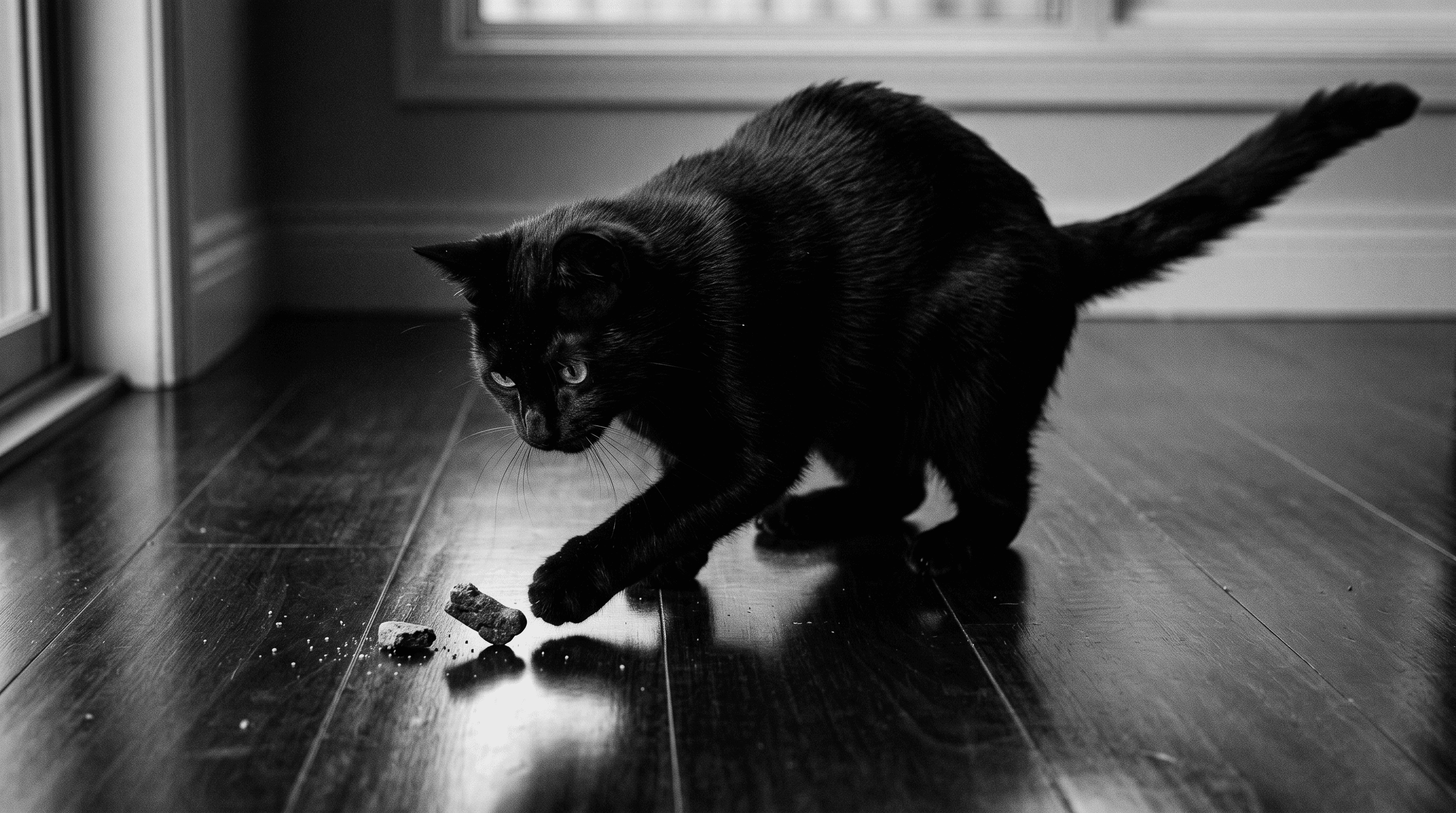 A small all-black cat crouched on wooden floors, paw extended toward a scattered biscuit, tail in motion, coat gleaming in morning light.