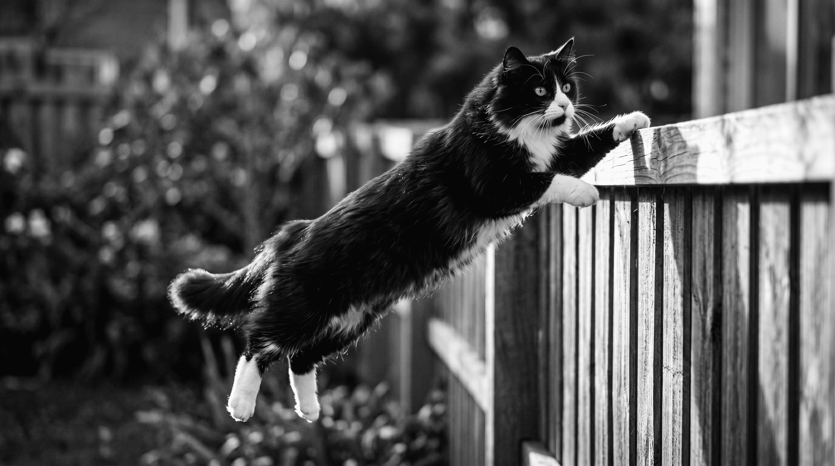 Tuxedo cat leaping toward the top of a wooden fence in a sunlit backyard showing his athletic form