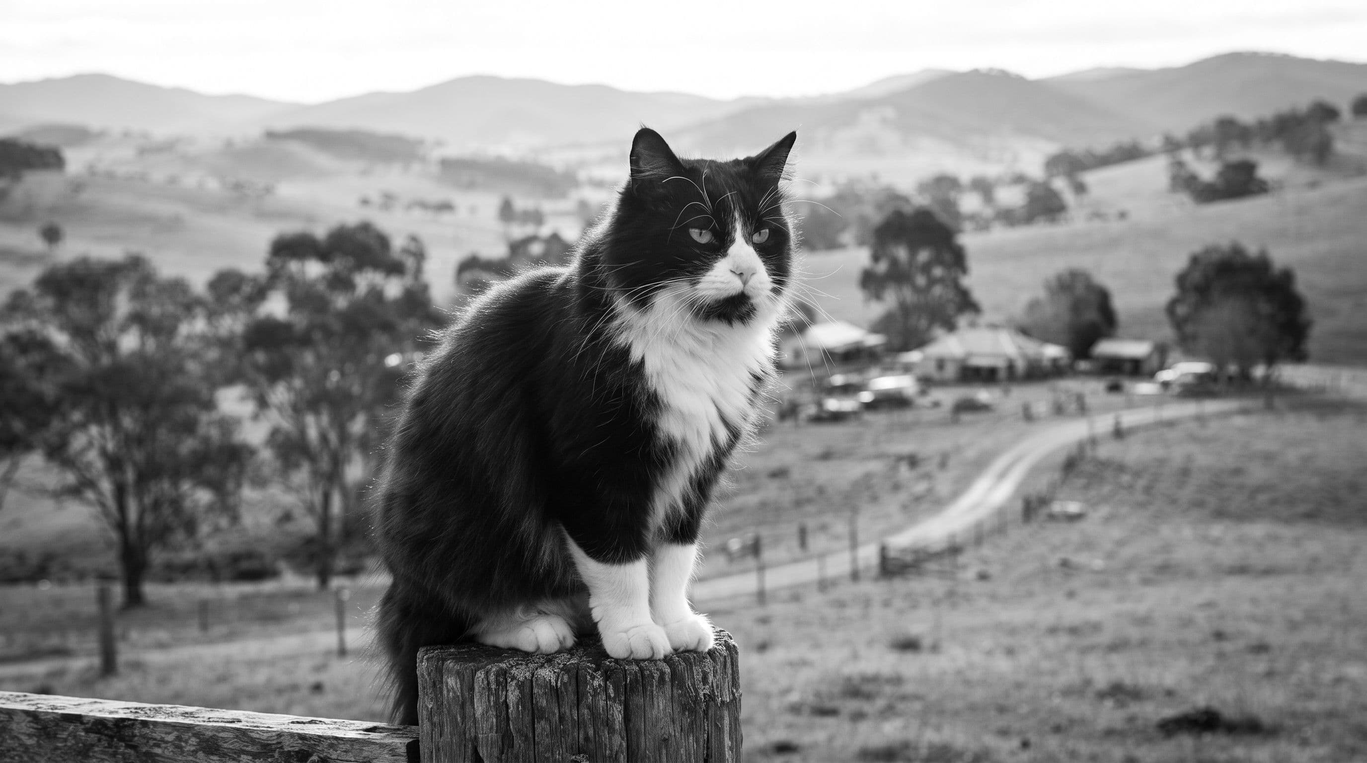 Tuxedo cat with white socked paws sitting atop a weathered fence post overlooking rolling green Tasmanian hills