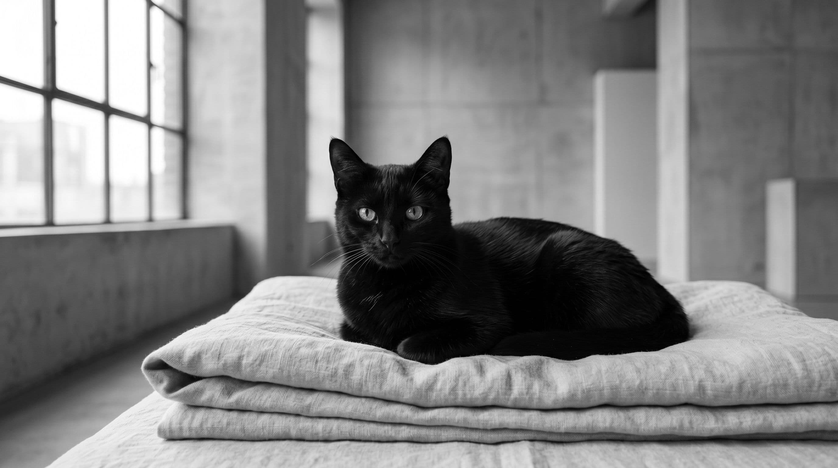 Black cat lying on folded linen in a modern concrete-and-glass room