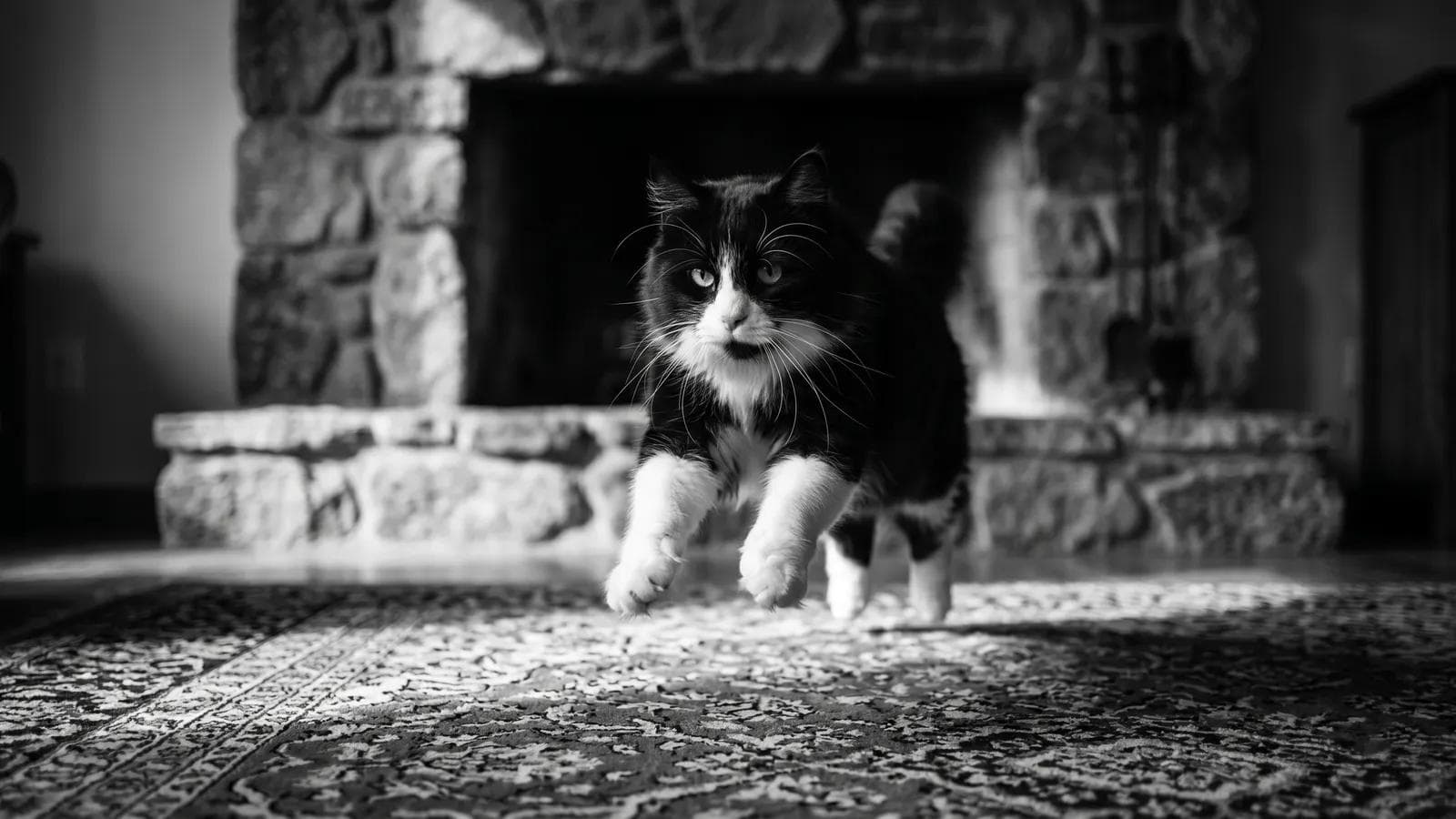 Tuxedo cat leaping mid-air across a patterned rug in front of a stone fireplace