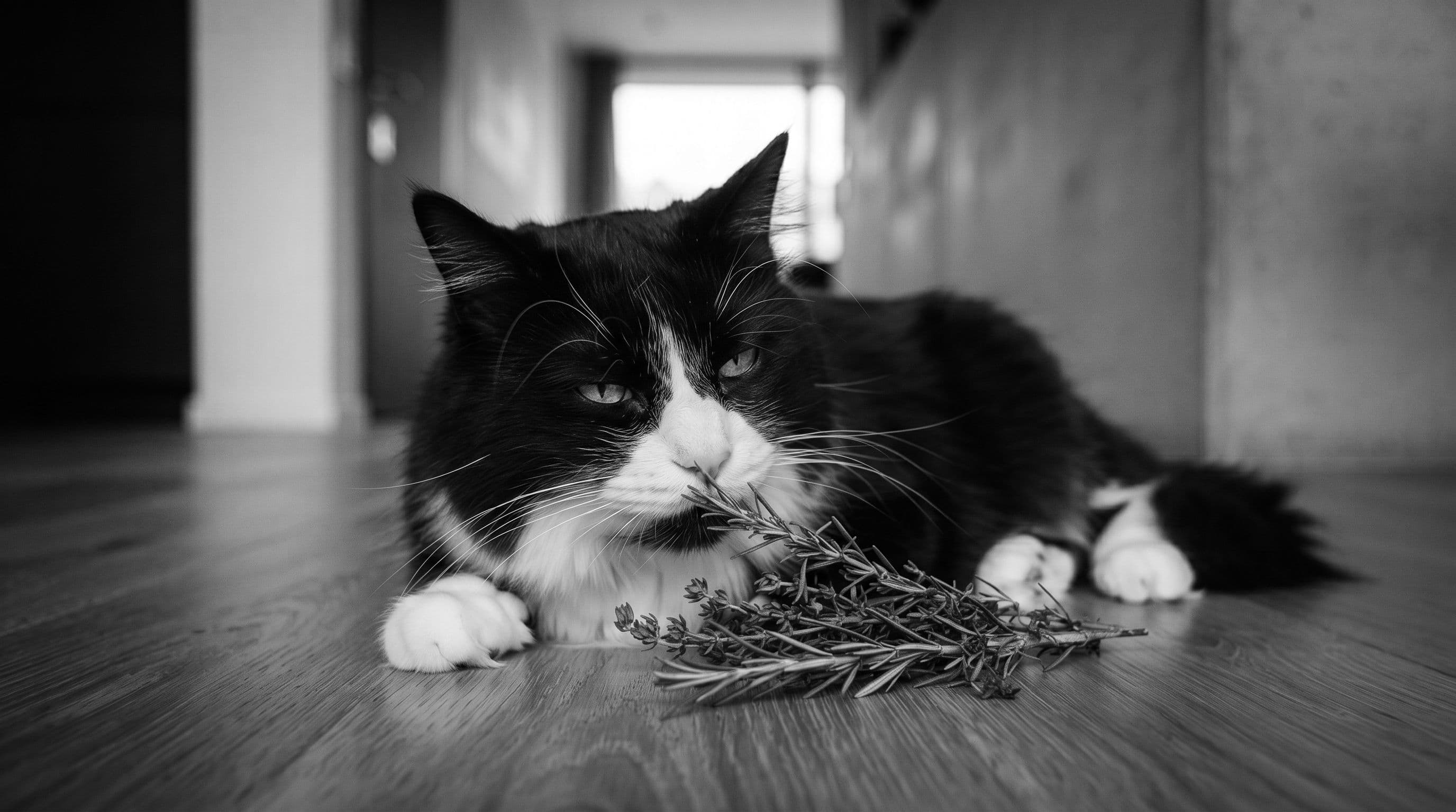 Tuxedo cat with green-yellow eyes half-closed sniffing a small bundle of dried herbs on a wooden floor in warm ambient light