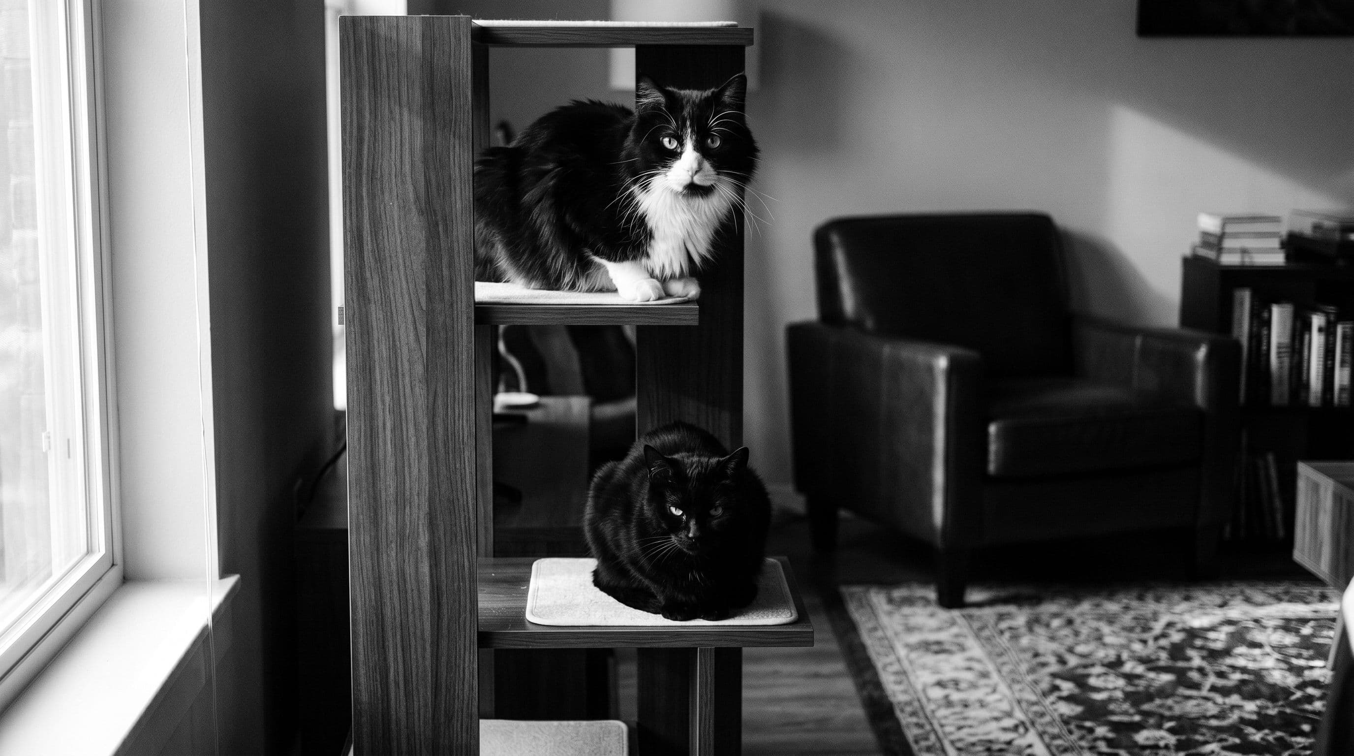 Tuxedo cat and all-black cat running sitting in the Cat tower