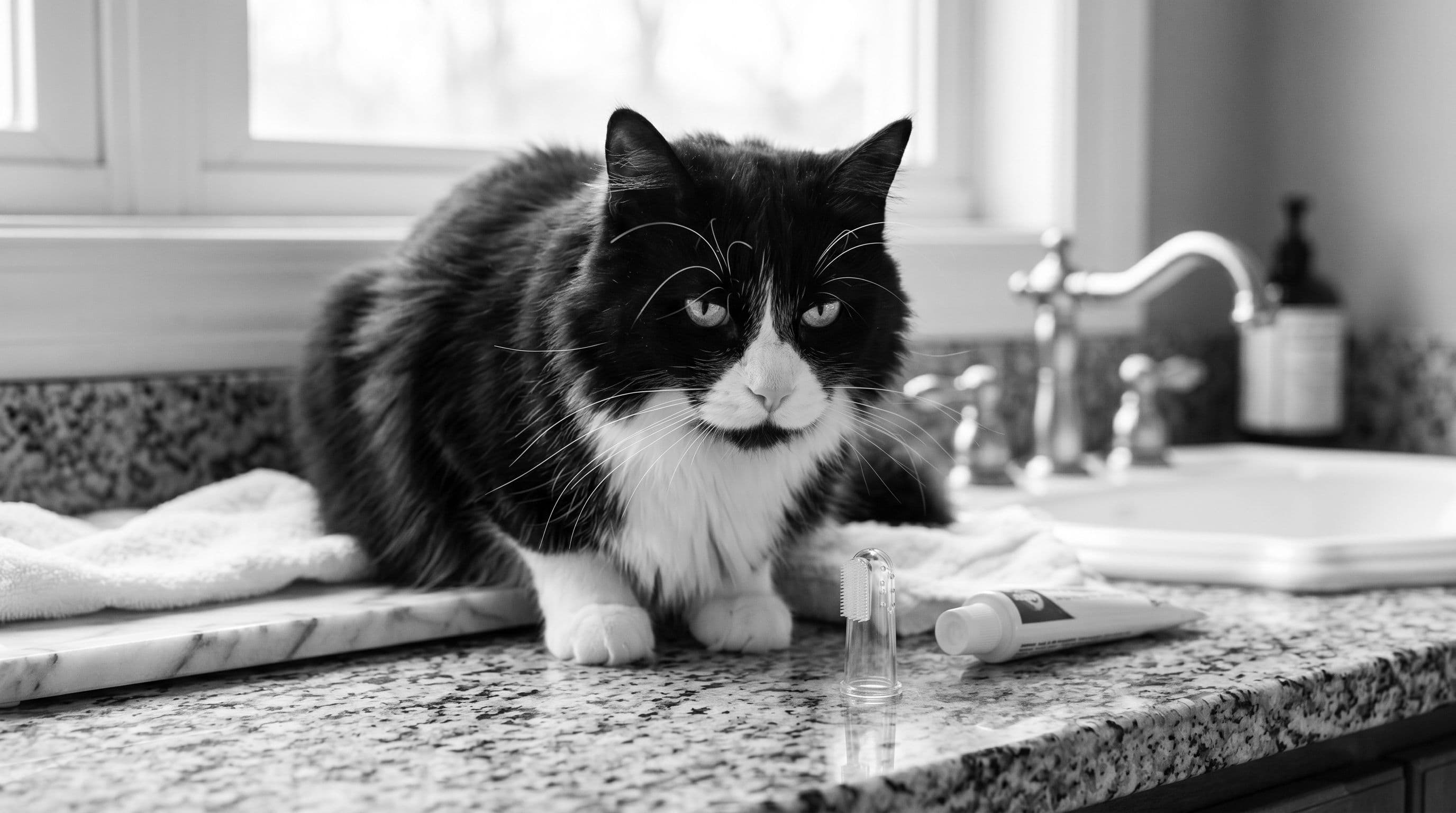 Black-and-white tuxedo cat on a bathroom counter beside a pet toothbrush and toothpaste, looking wary