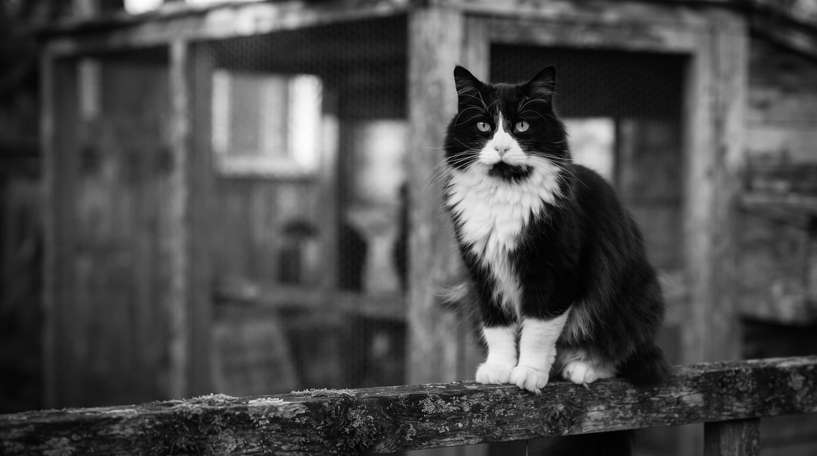 Tuxedo cat sitting calmly on a chicken run fence on a cold morning with soft winter light and frost on the ground