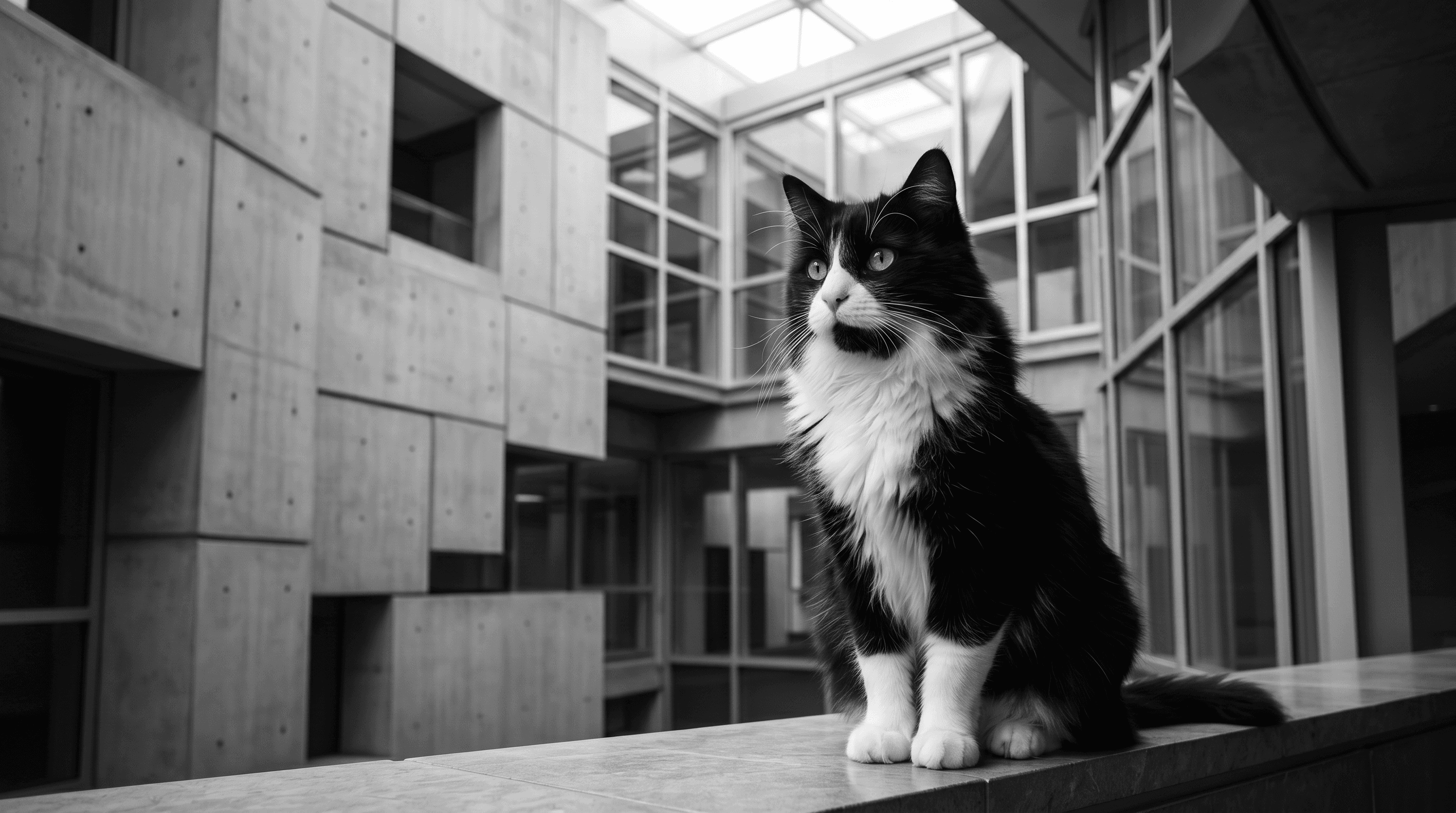 Tuxedo cat sitting on a ledge in a modern glass-and-concrete courtyard