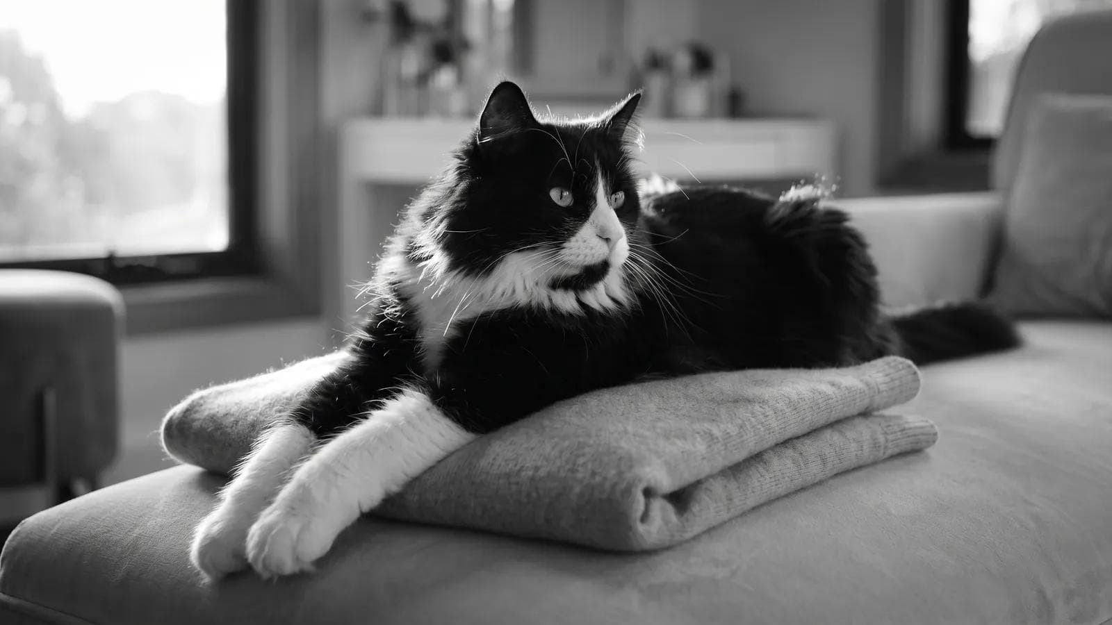 Tuxedo cat lying on a folded blanket on a living room couch
