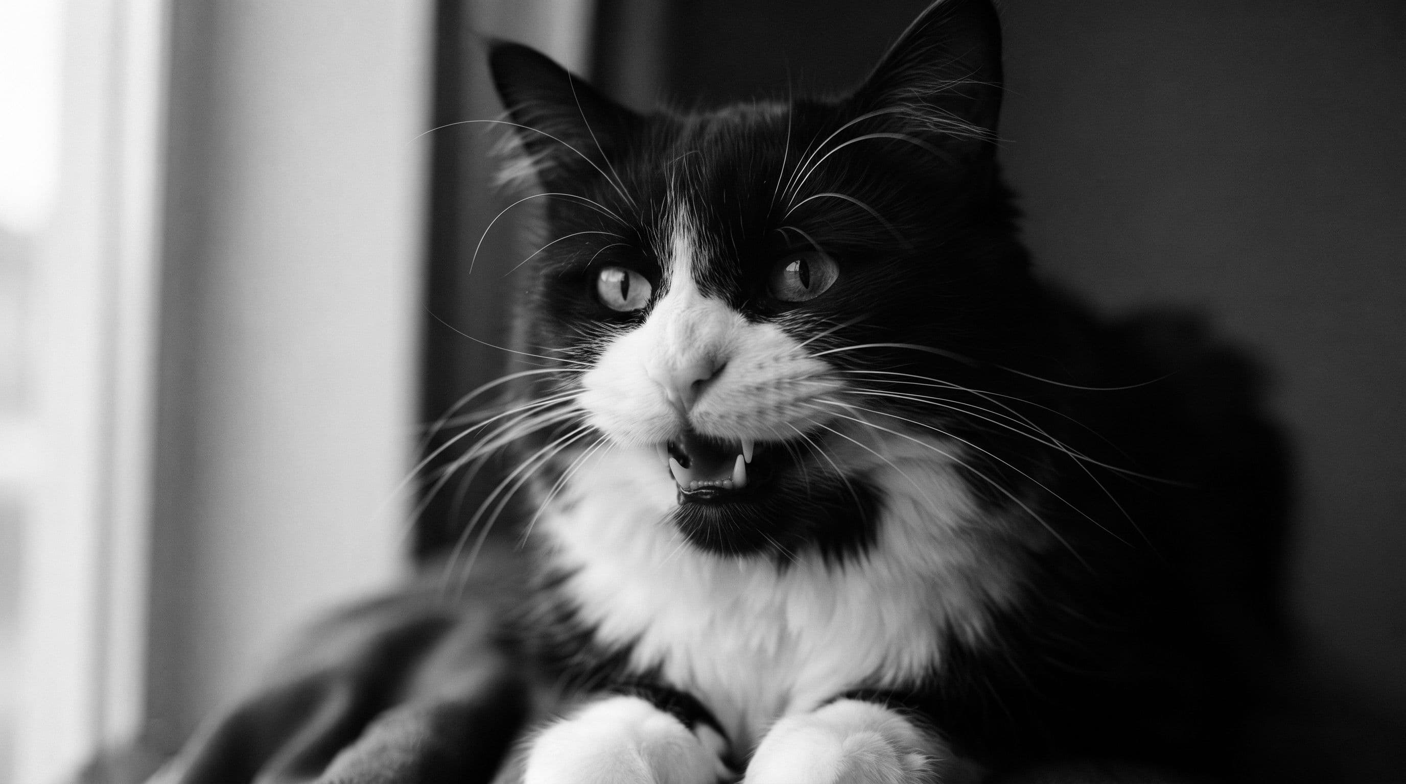 Extreme close-up of a tuxedo cat's face with green-yellow eyes wide open and jaw chattering, lit by natural window light