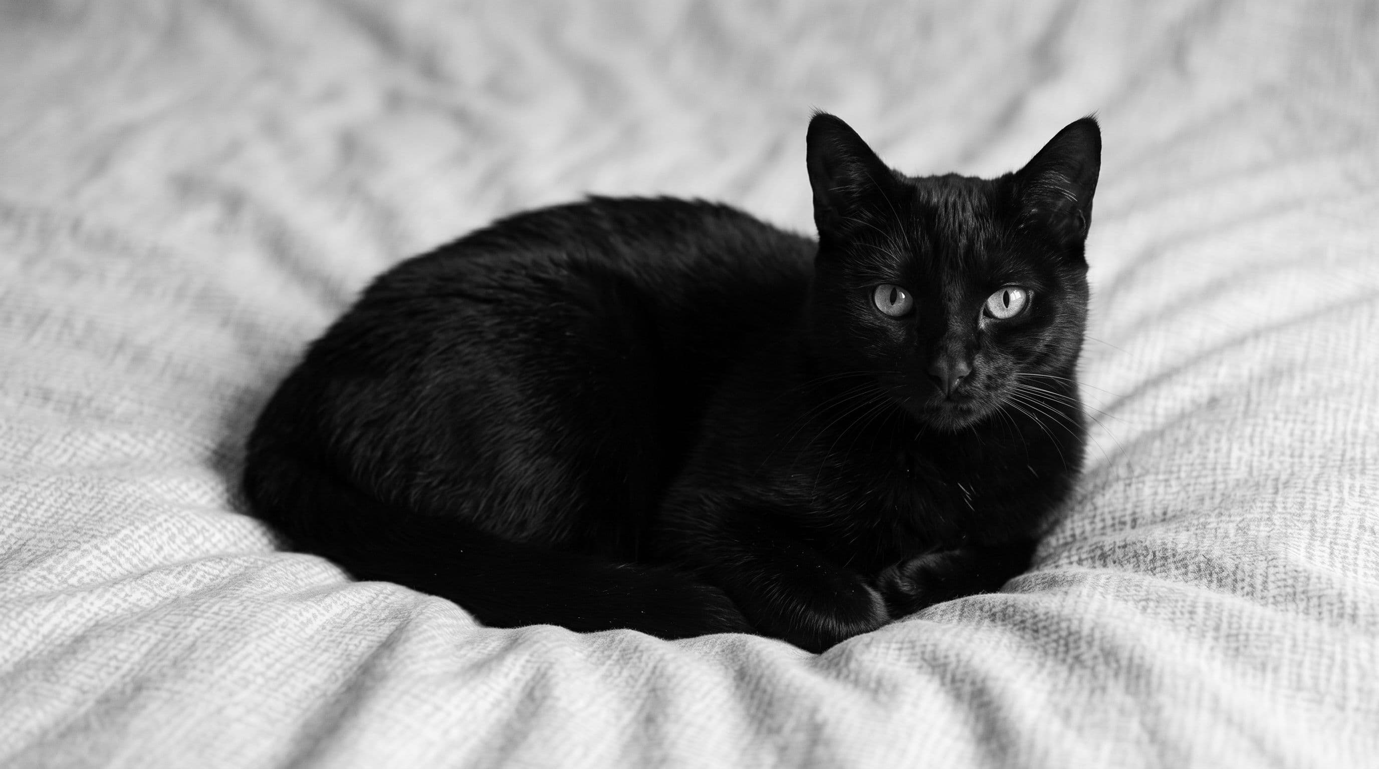 Slender all-black cat lying composed on a white duvet with paws tucked underneath, looking serene and still