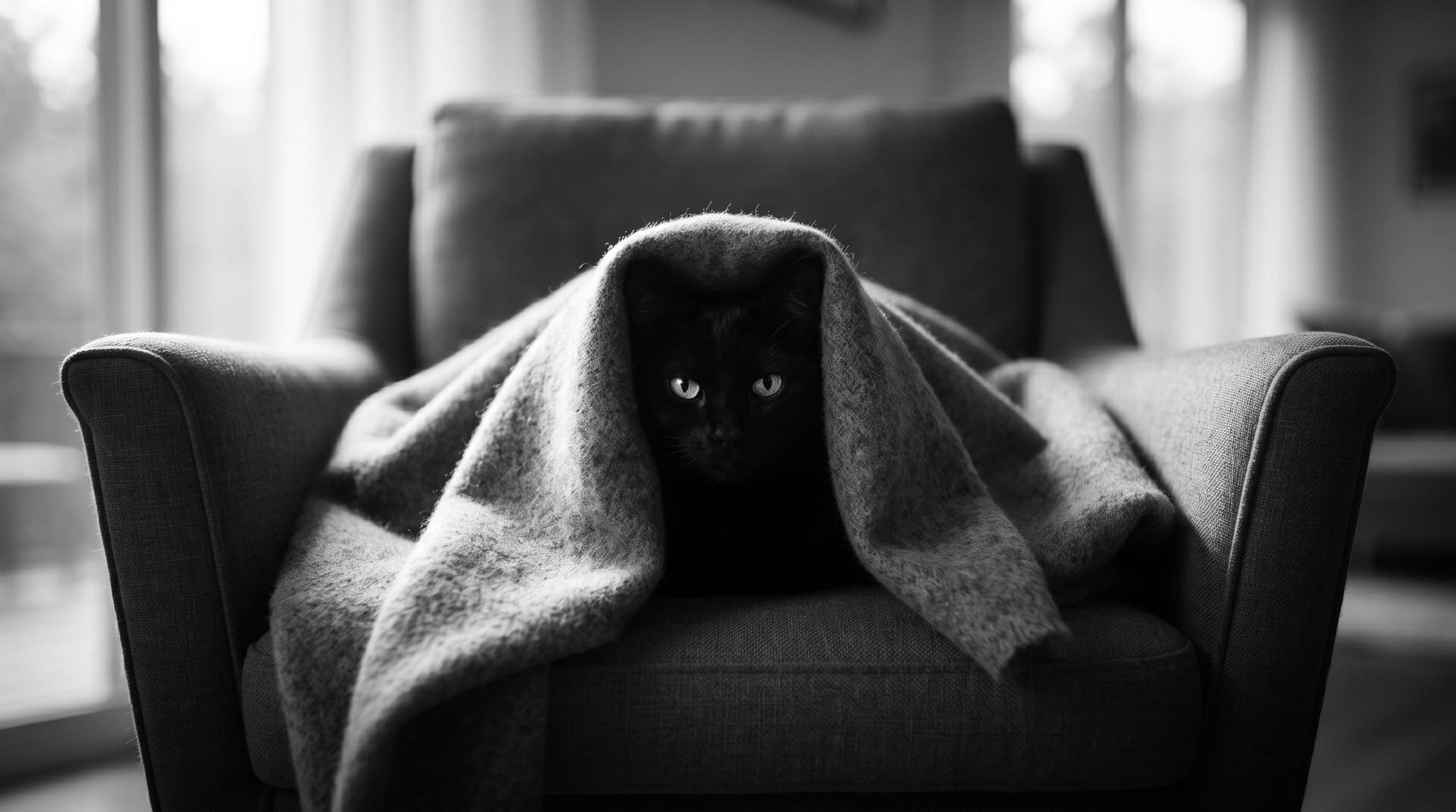 All-black cat peeking out from under a throw blanket on an armchair in a warm living room during winter