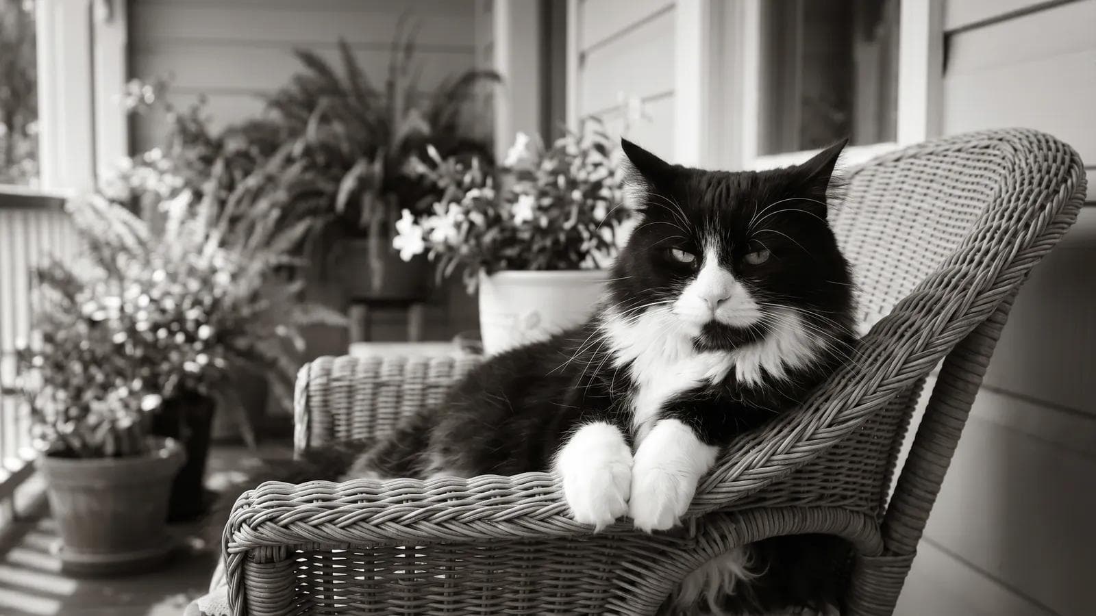 Tuxedo cat lounging in a wicker porch chair surrounded by potted plants