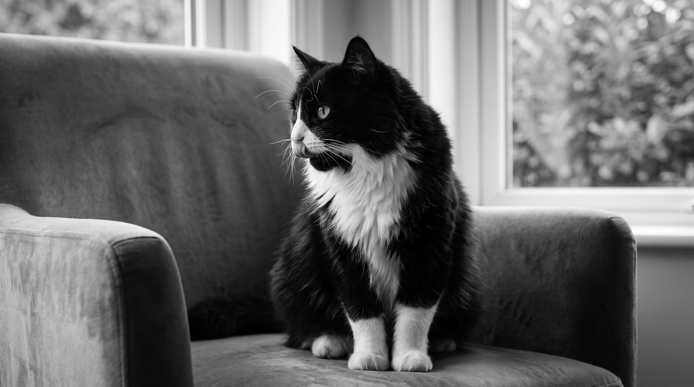 A tuxedo cat sitting in profile on a grey armchair by a window, mouth closed, licking his lip.