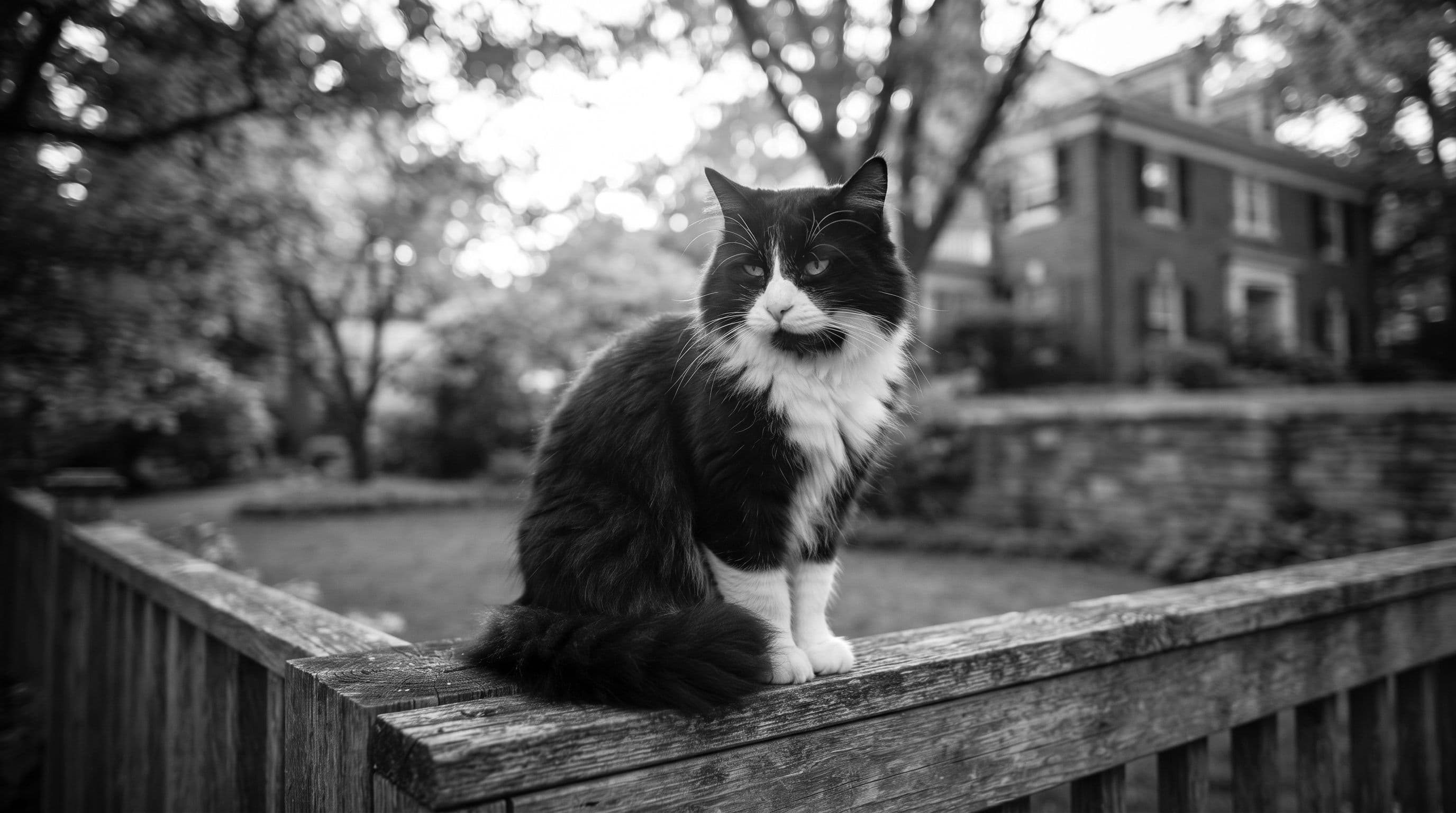 Black-and-white tuxedo cat perched on a garden fence in warm golden-hour light looking peacefully tired