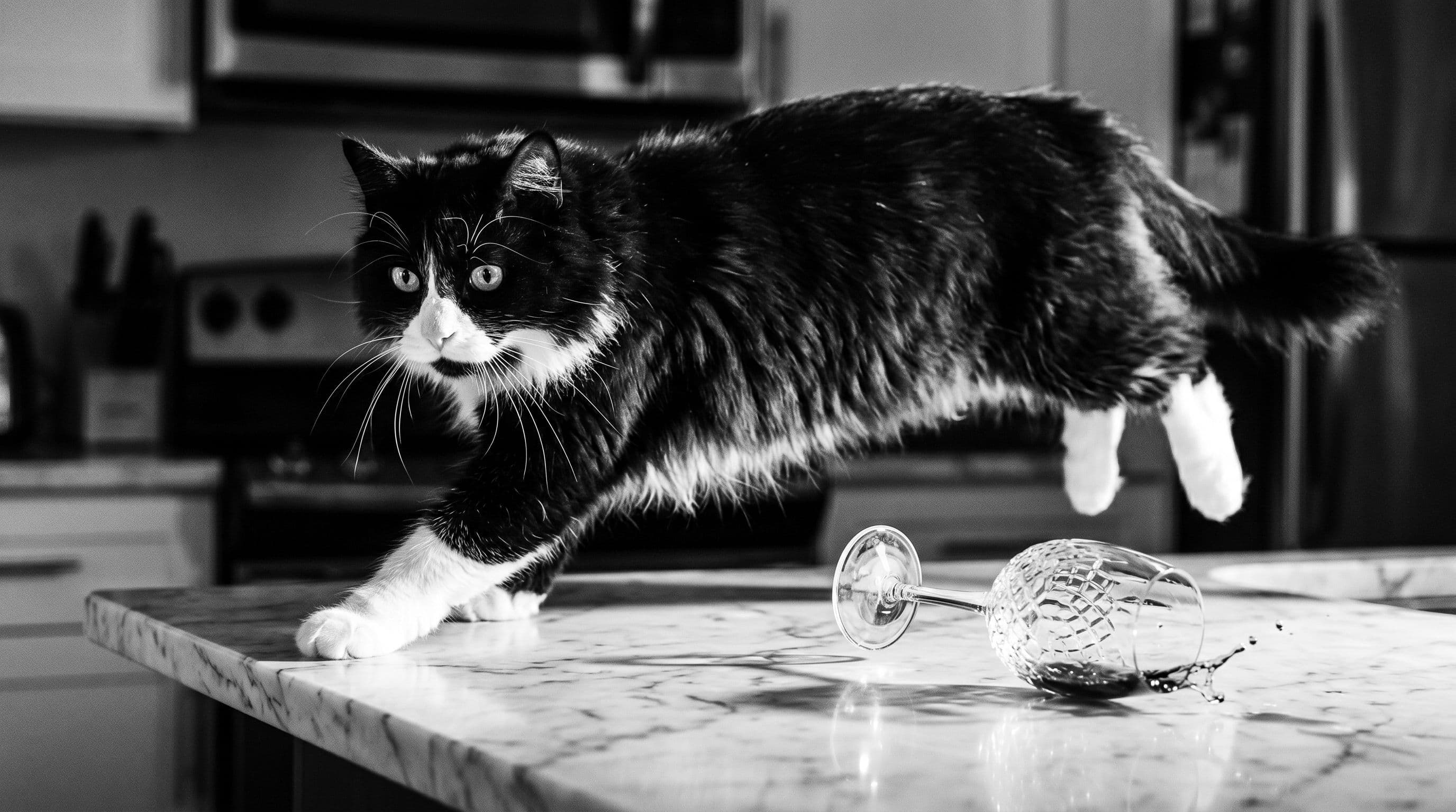 A tuxedo cat jumping onto a marble countertop with a knocked-over glass rolling away, captured in dynamic mid-action.