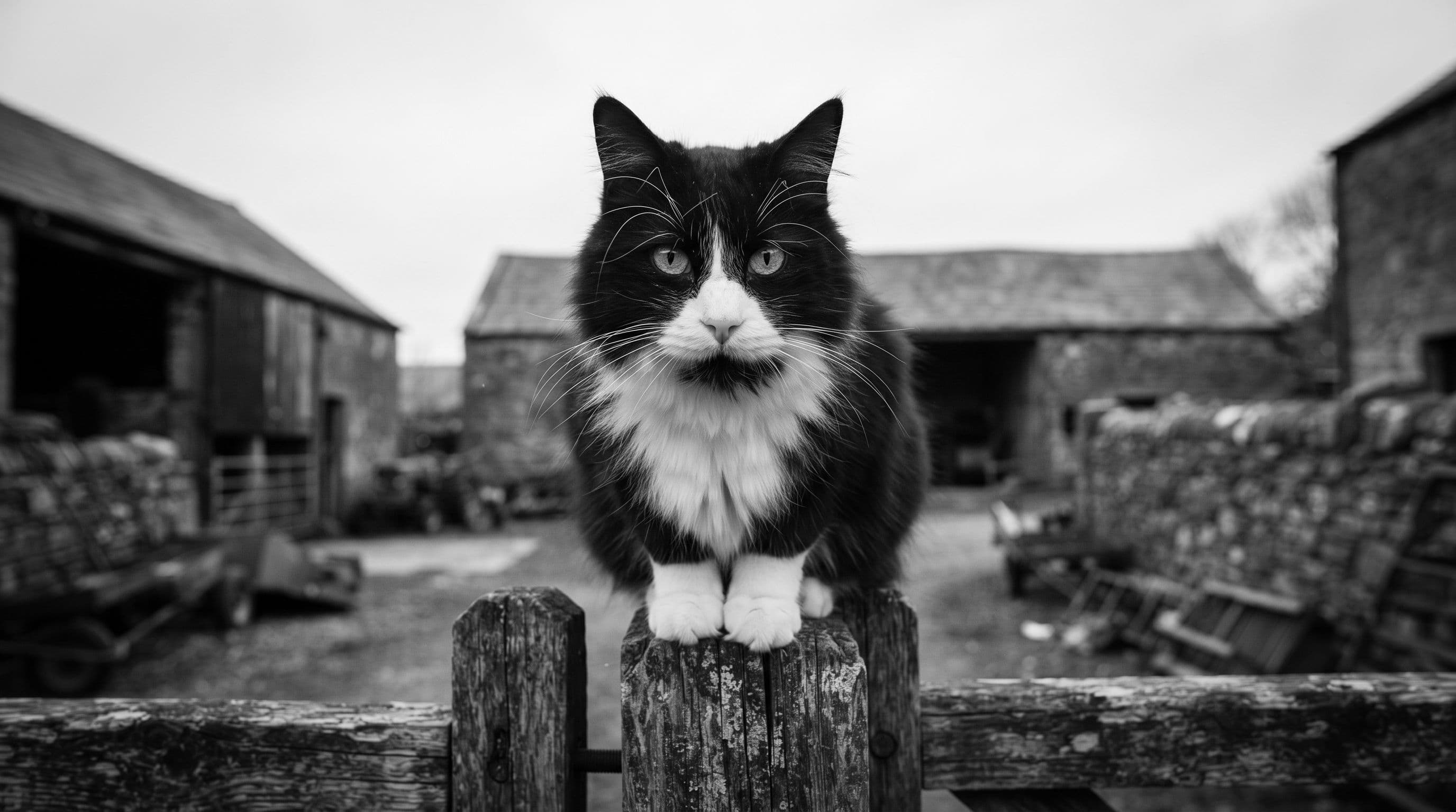 Black-and-white tuxedo cat balanced on top of a tall fence post surveying the ground below from an elevated vantage point