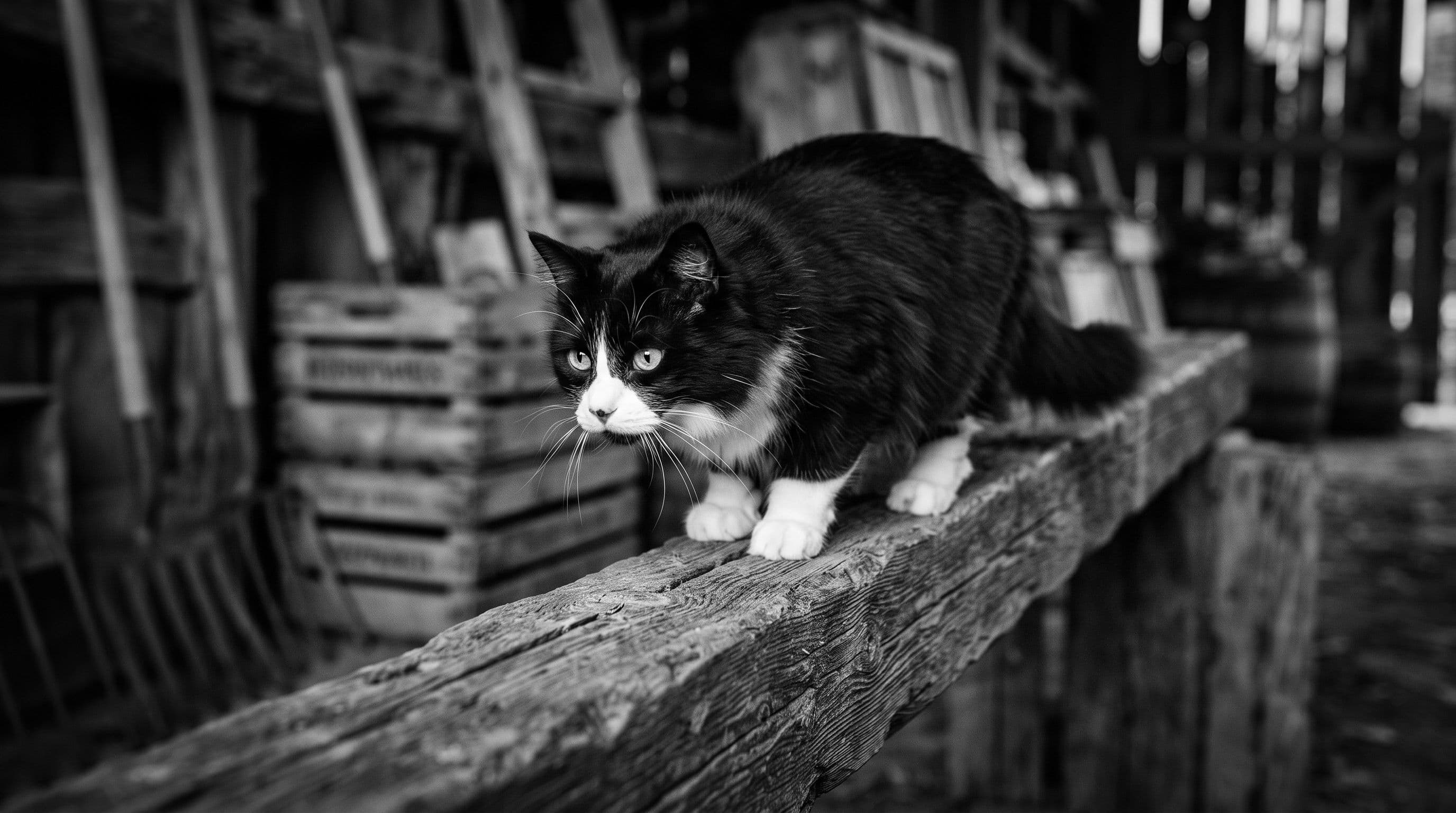 A tuxedo cat with a white chest bib and black chin stands poised on a wooden beam in a rustic barn setting, vineyard elements visible behind him