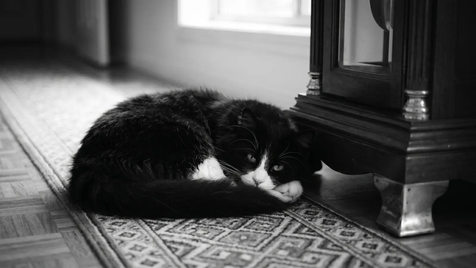 Tuxedo cat curled up asleep on a patterned rug beside an antique clock cabinet