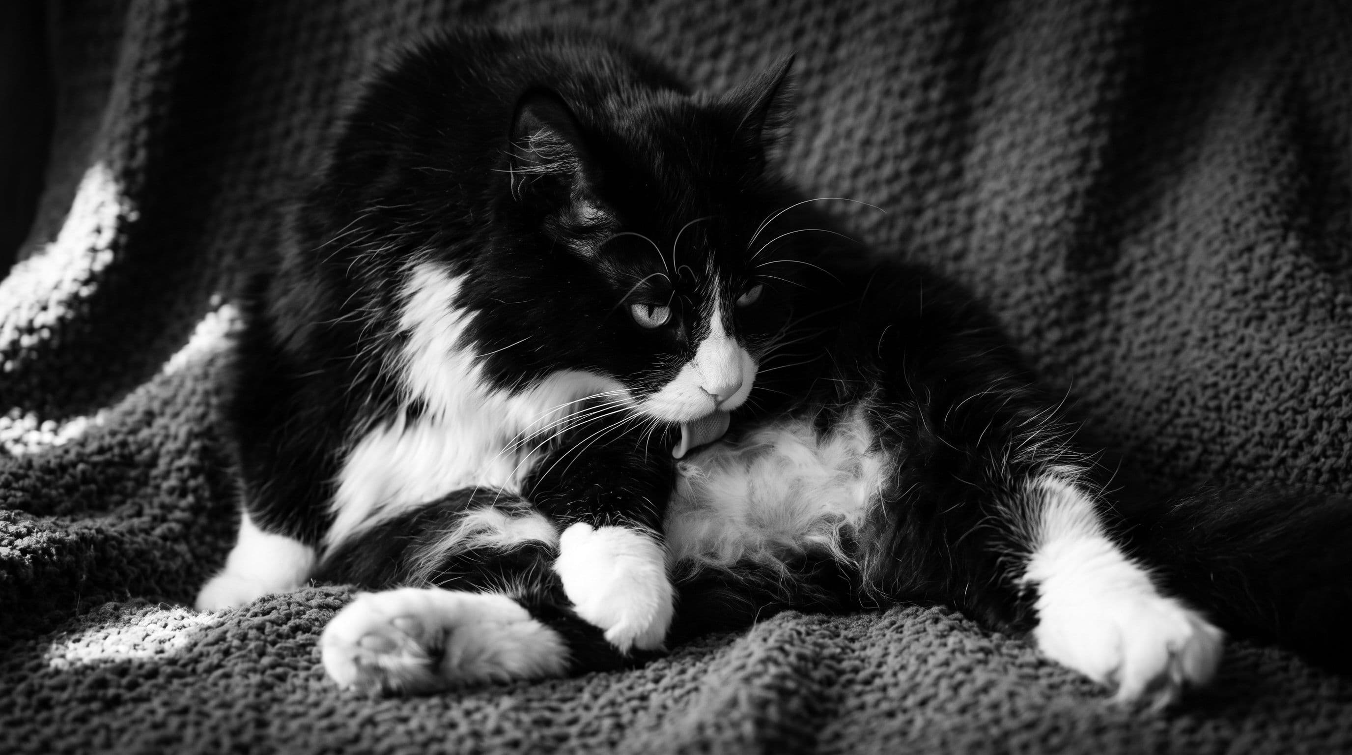 Black-and-white tuxedo cat lying on a blanket and over-grooming a small thinning patch on his inner thigh