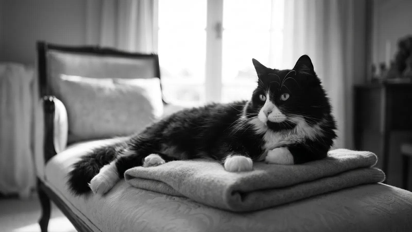 Tuxedo cat lying on a daybed beside a folded blanket near a bright window
