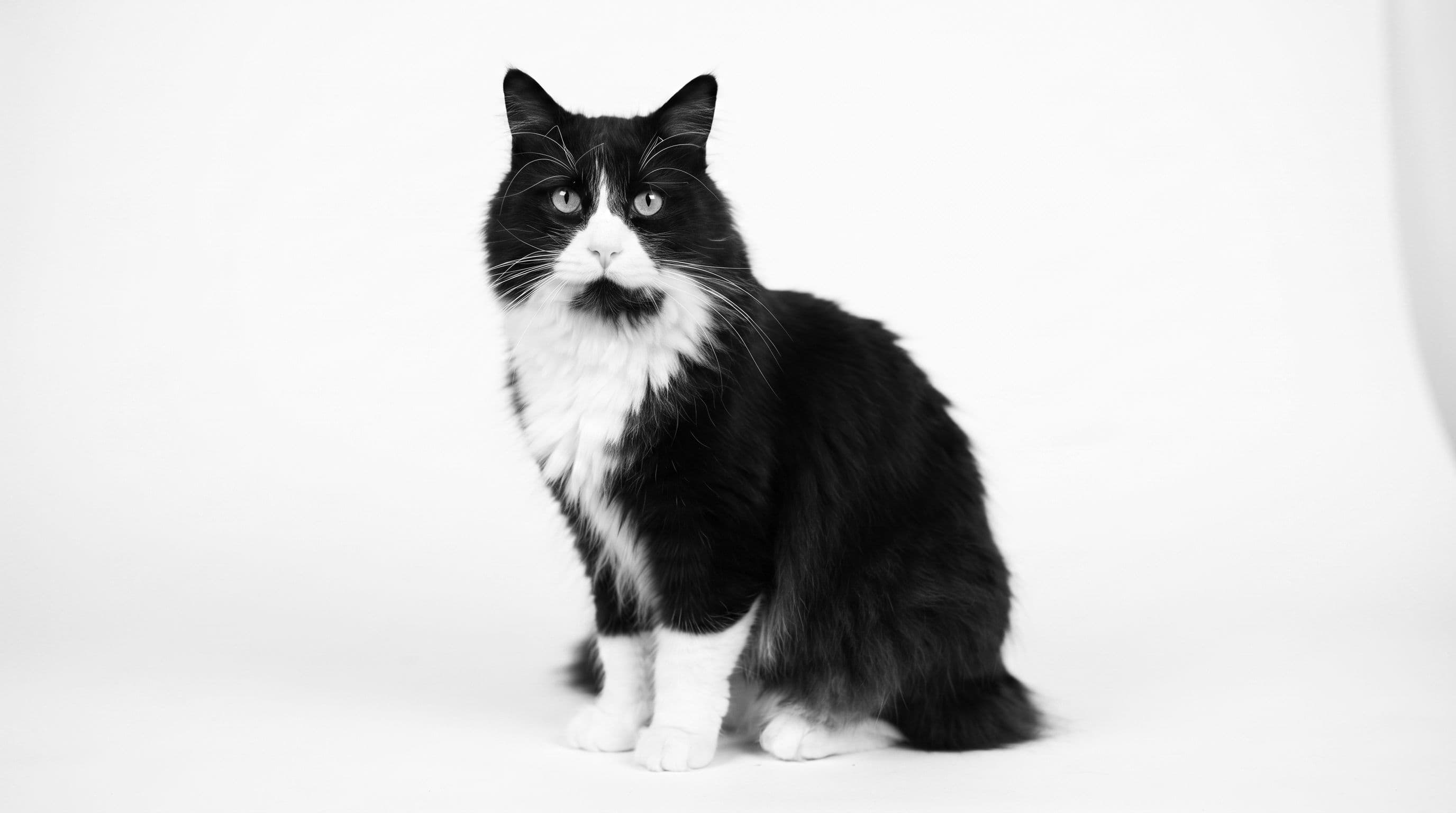 A tuxedo cat with white chest and paws sits against a white background, looking directly at the viewer with alert green-yellow eyes