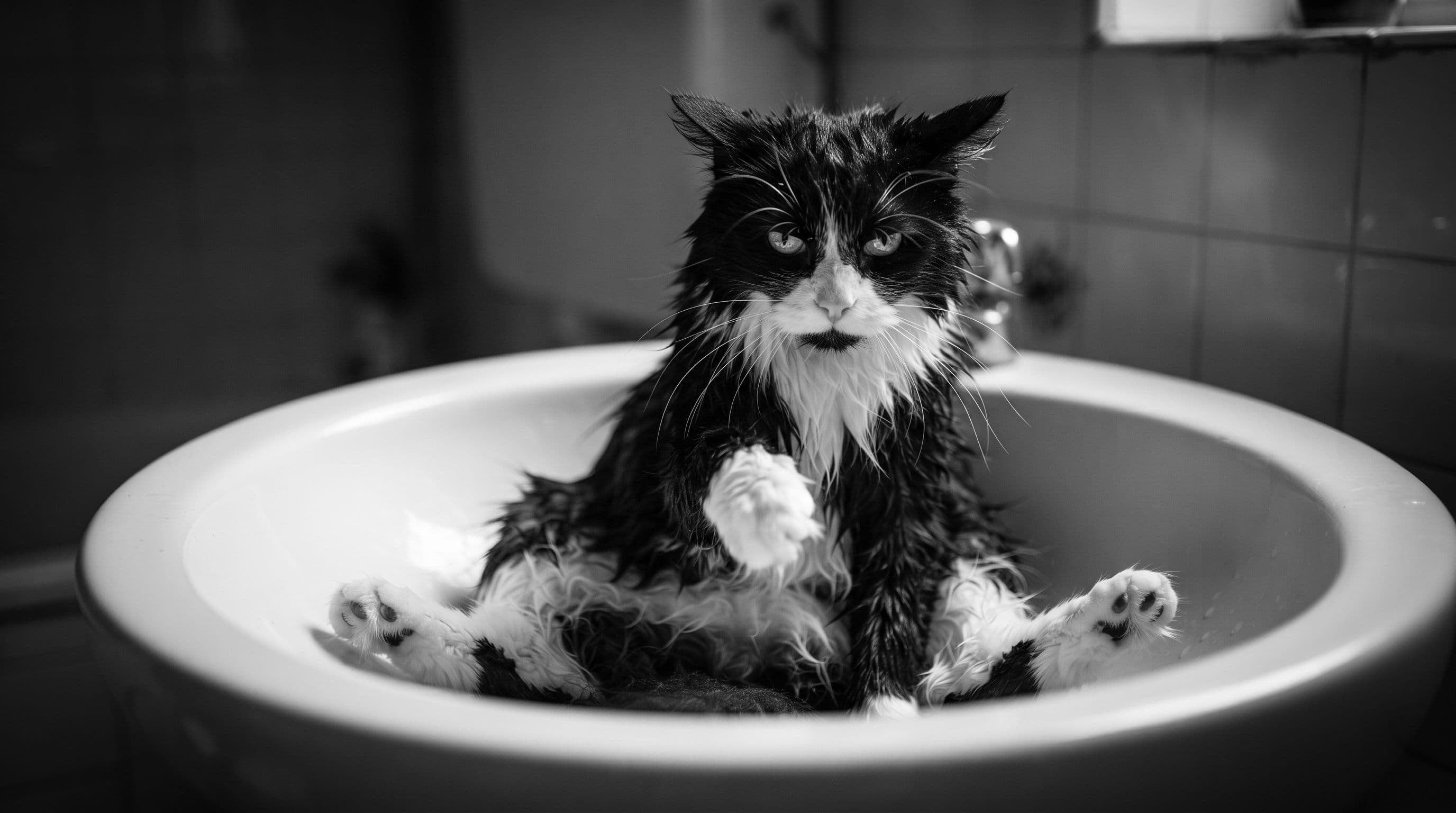 A damp tuxedo cat in a sink, fur matted from water, ears back in displeasure during grooming
